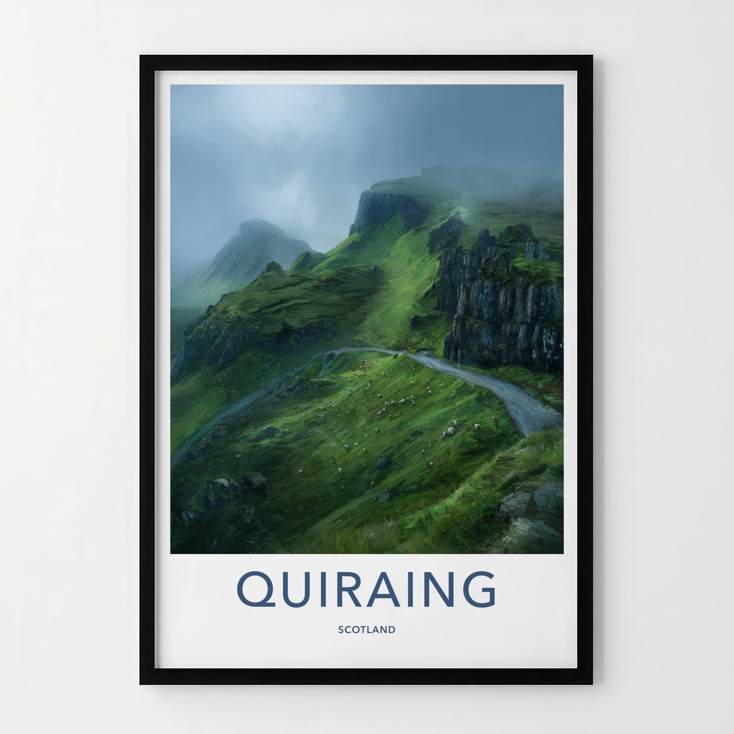 Quiraing Poster - Scotland Travel Art - Misty Green Mountain Home Decor