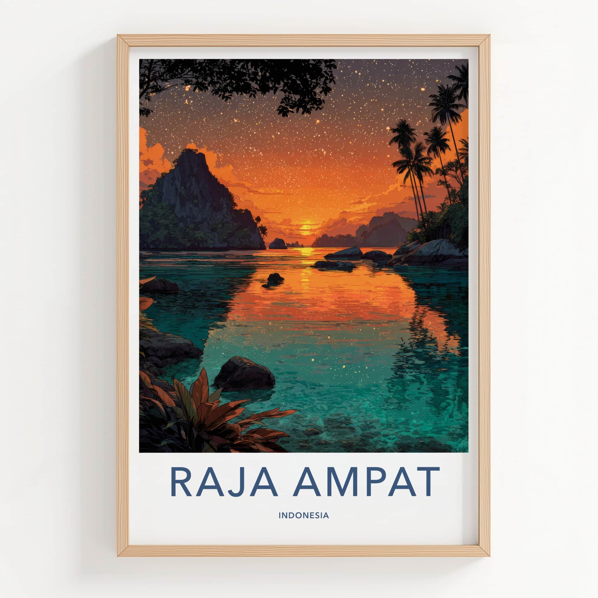 Raja Ampat Poster - Indonesia Travel Art - Fiery Sunset Palms Home Art