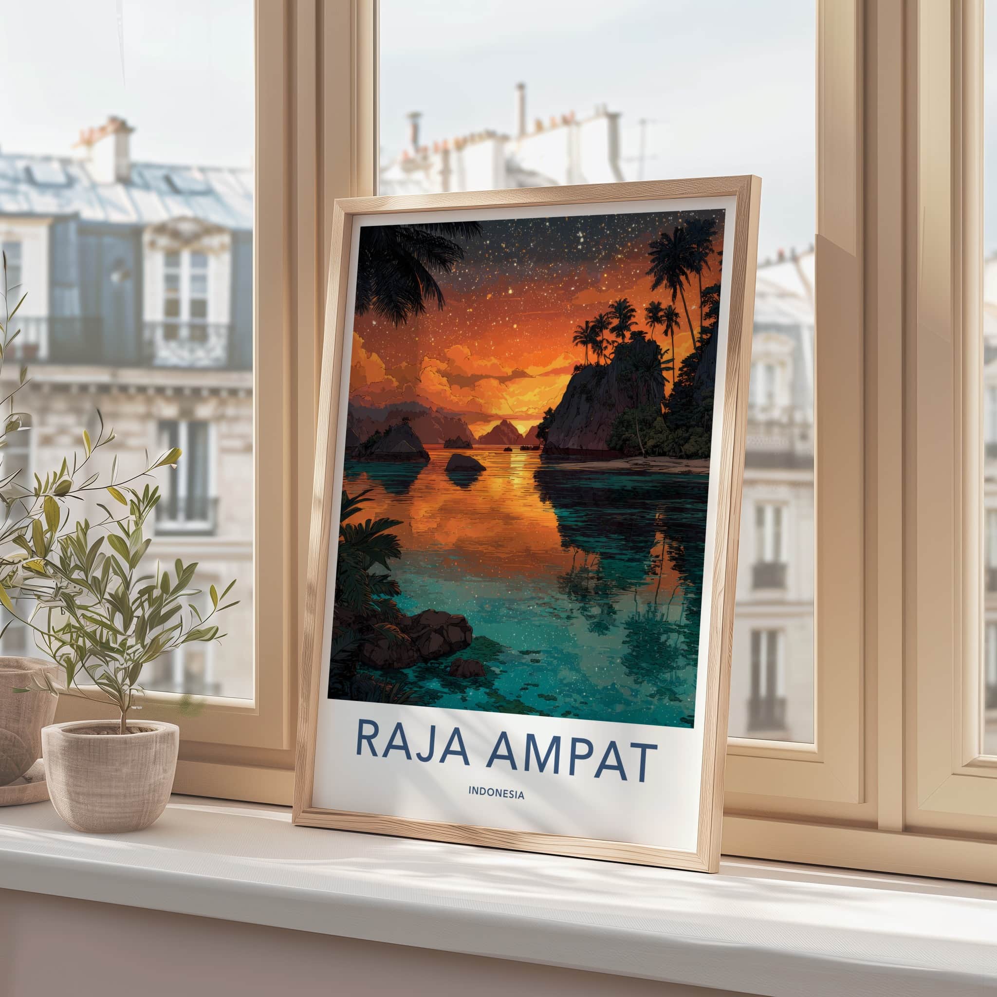 Raja Ampat Poster - Indonesia Travel Art - Fiery Sunset Skies Home Decor