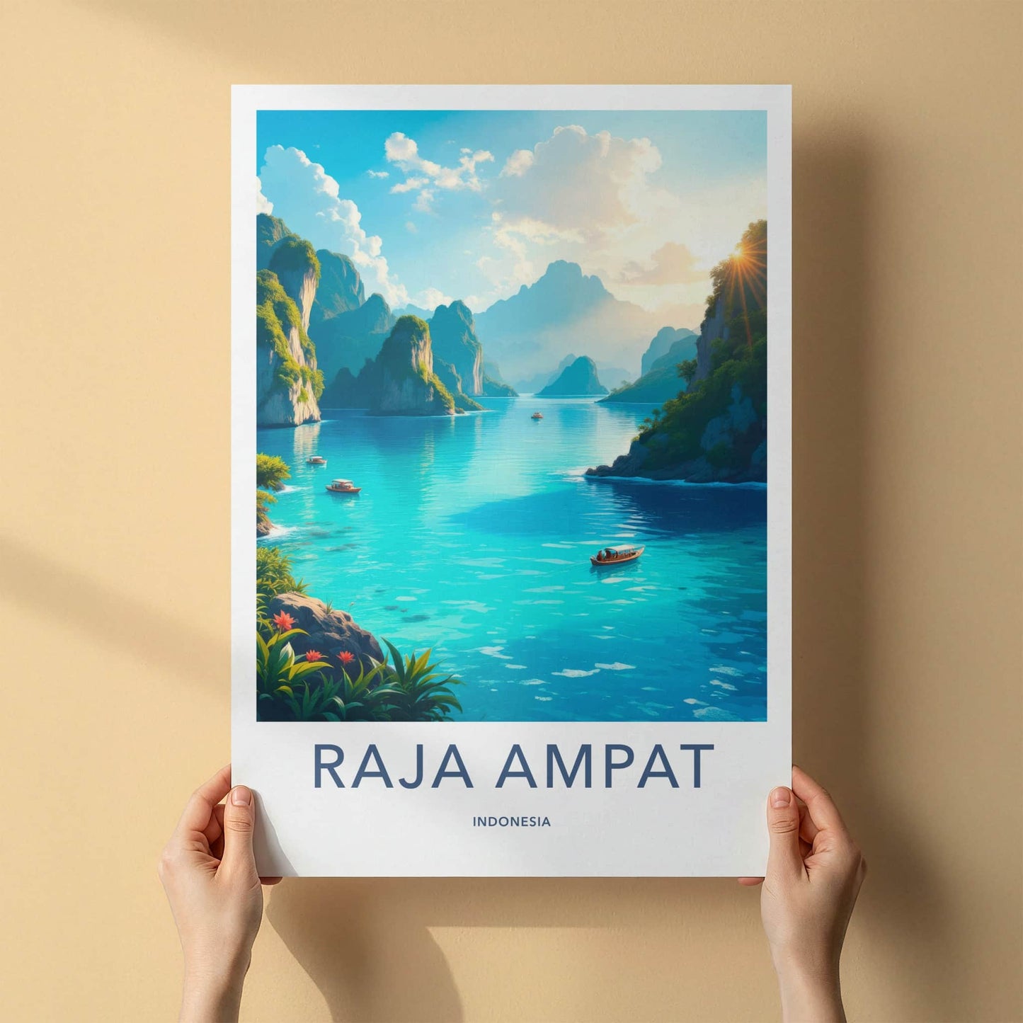 Raja Ampat Poster - Indonesia Travel Art - Lush Cliffs Boats Home Decor