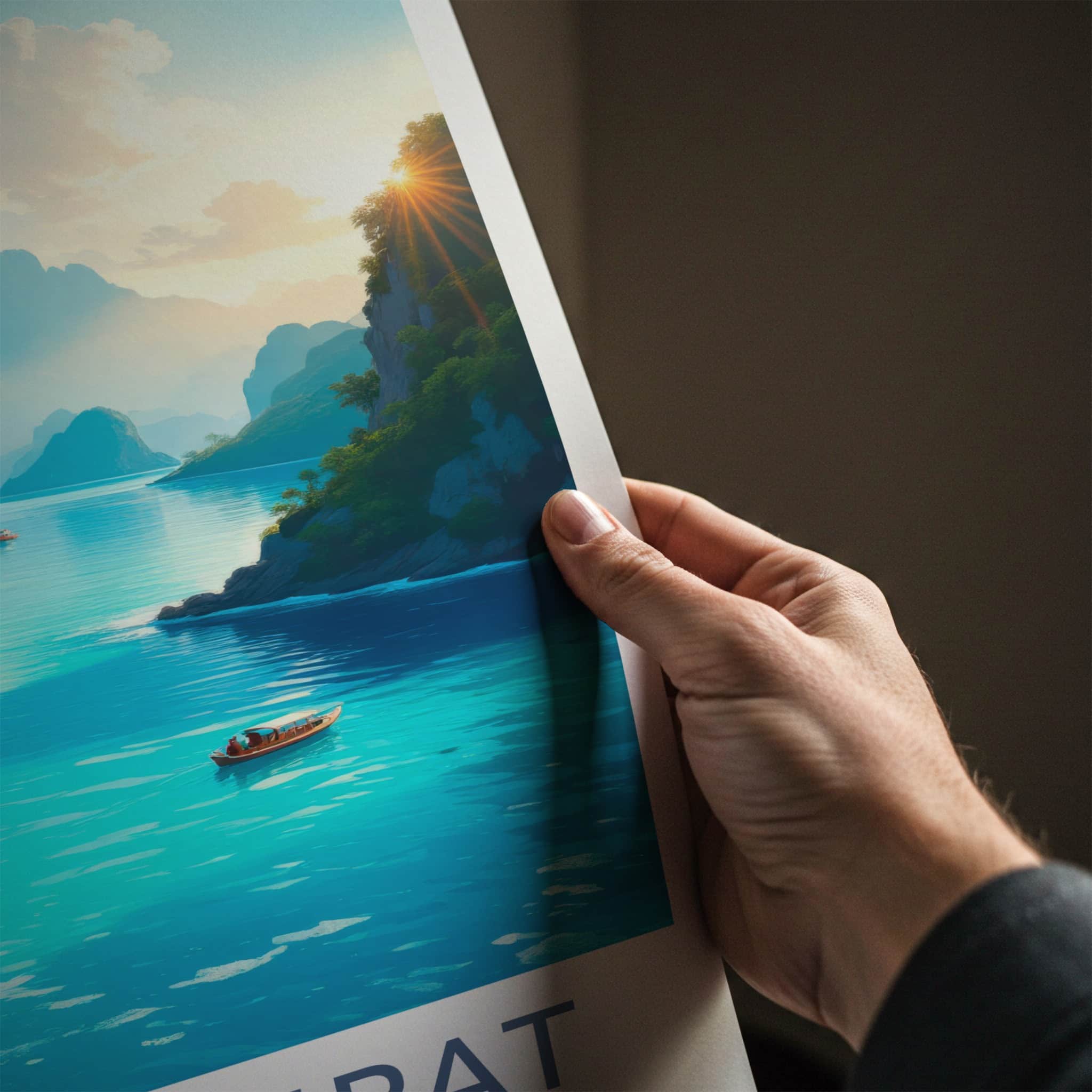 Raja Ampat Poster - Indonesia Travel Art - Lush Cliffs Boats Home Decor