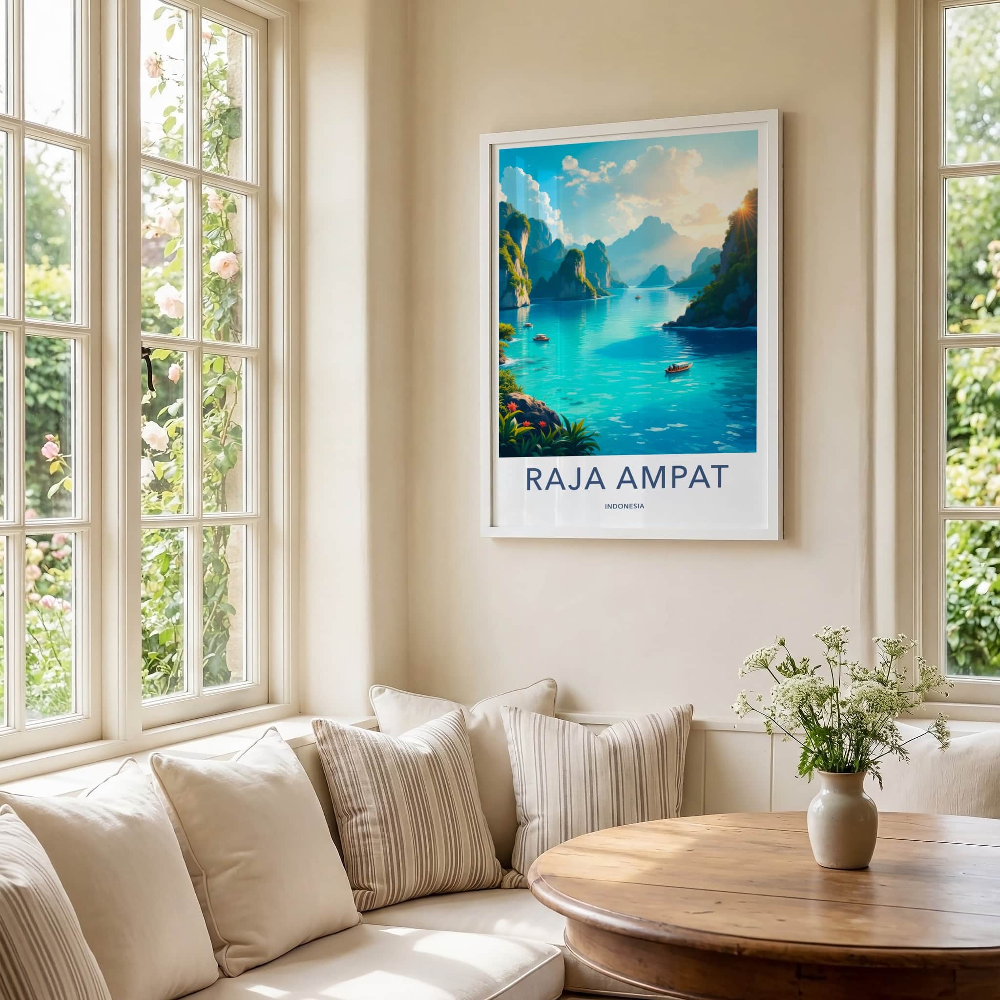 Raja Ampat Poster - Indonesia Travel Art - Lush Cliffs Boats Home Decor
