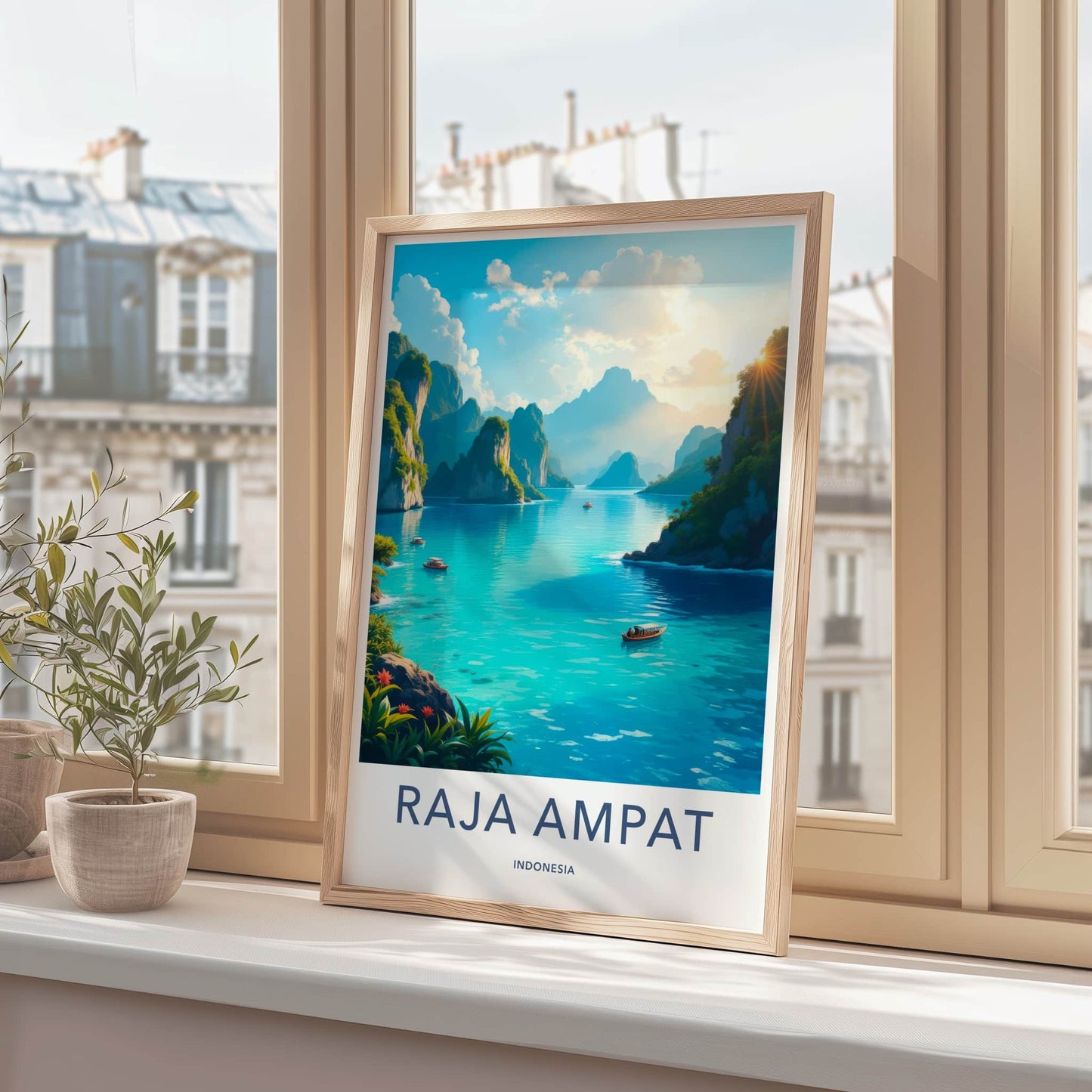 Raja Ampat Poster - Indonesia Travel Art - Lush Cliffs Boats Home Decor