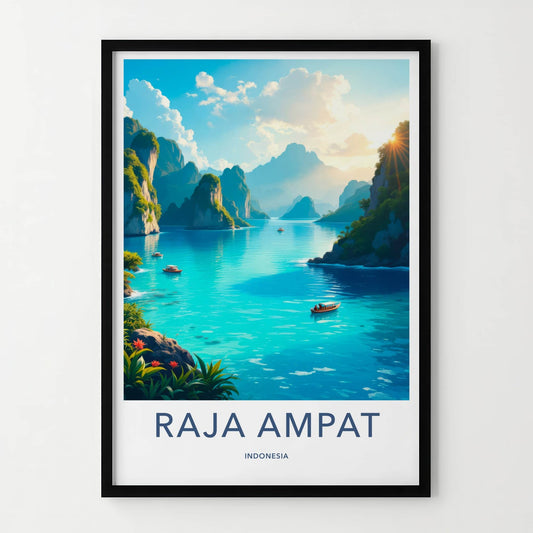 Raja Ampat Poster - Indonesia Travel Art - Lush Cliffs Boats Home Decor