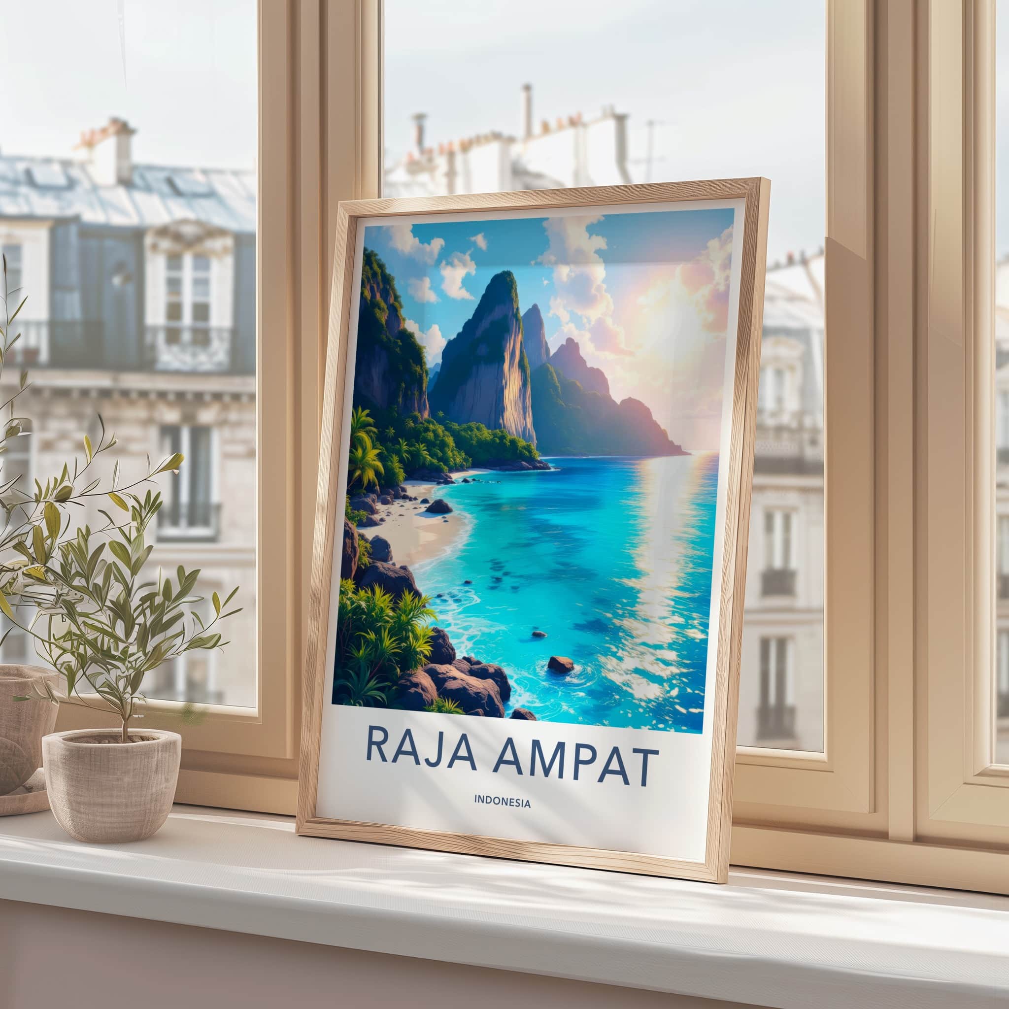 Raja Ampat Poster - Indonesia Travel Art - Sunlit Island Bay Home Decor