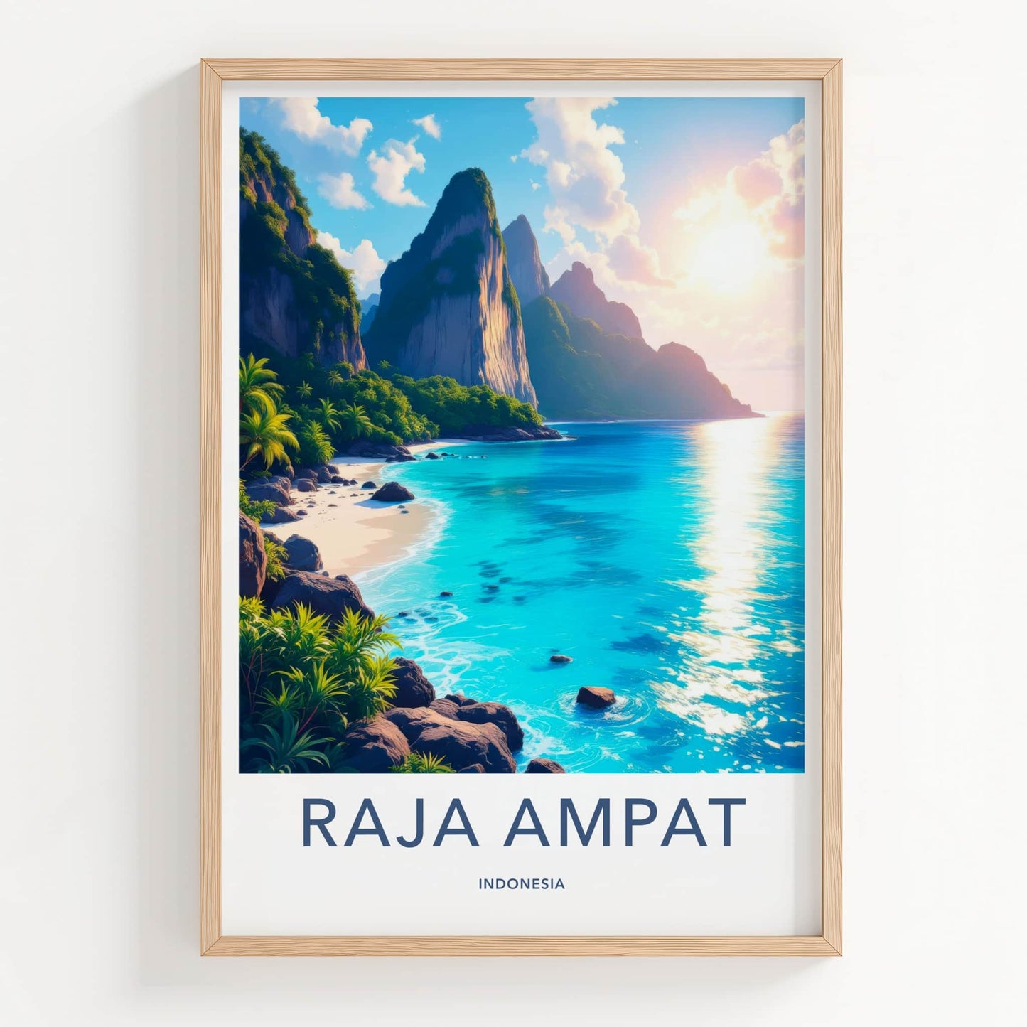 Raja Ampat Poster - Indonesia Travel Art - Sunlit Island Bay Home Decor