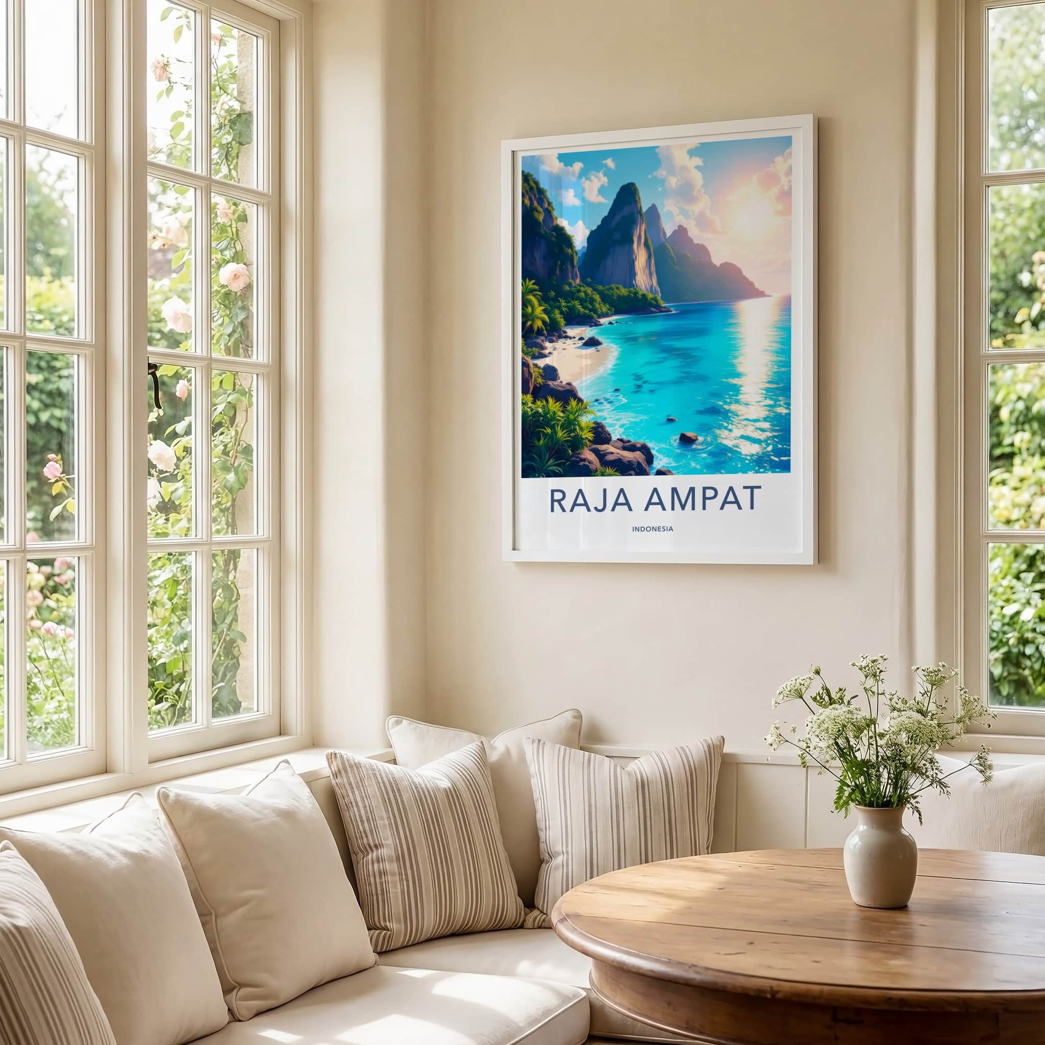 Raja Ampat Poster - Indonesia Travel Art - Sunlit Island Bay Home Decor