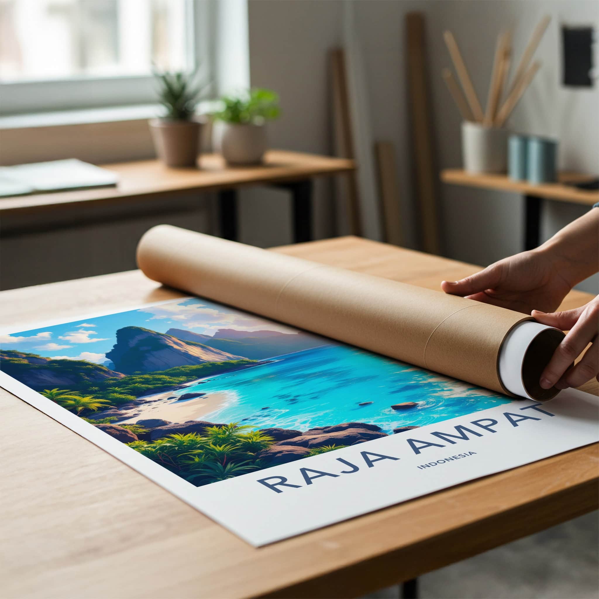 Raja Ampat Poster - Indonesia Travel Art - Sunlit Island Bay Home Decor