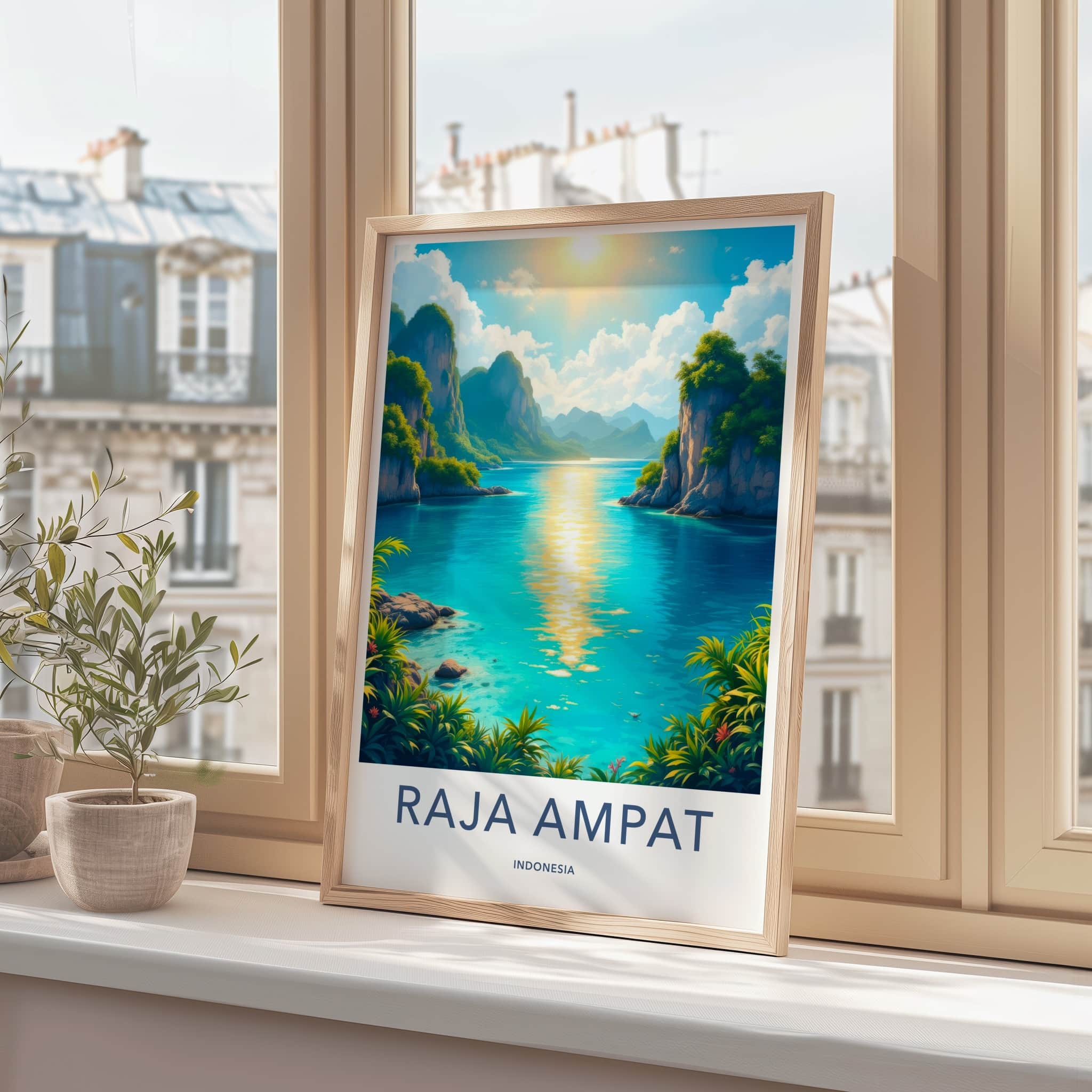Raja Ampat Poster - Indonesia Travel Art - Sunny Ocean Cliffs Home Decor