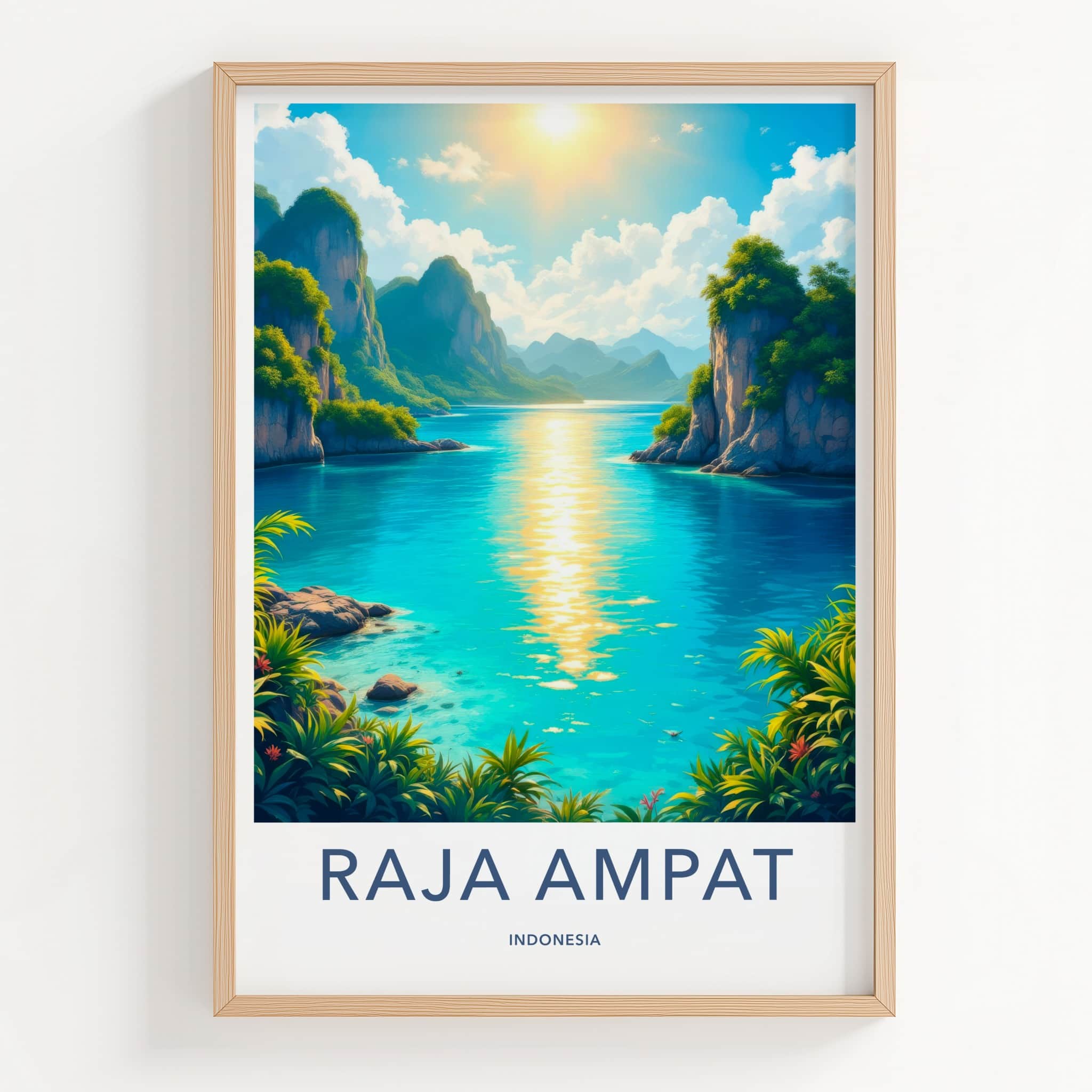 Raja Ampat Poster - Indonesia Travel Art - Sunny Ocean Cliffs Home Decor