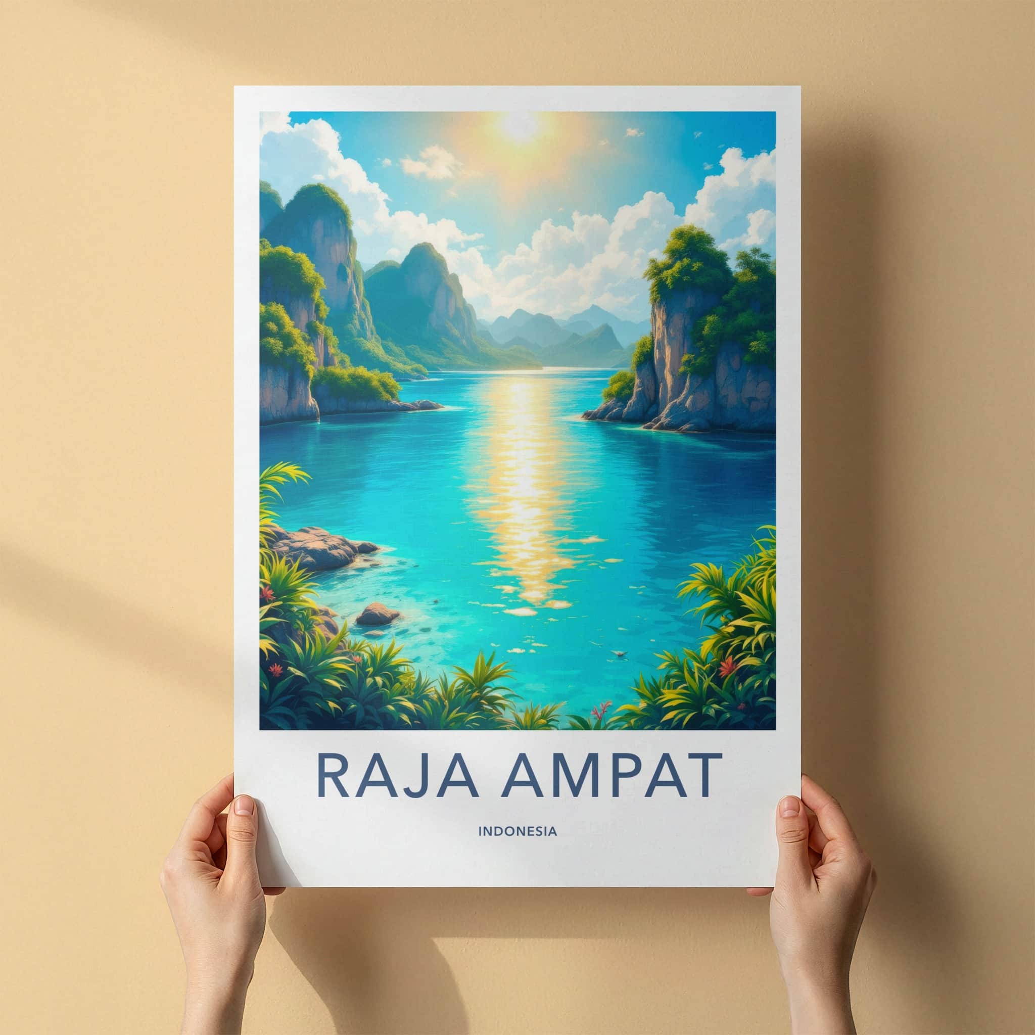 Raja Ampat Poster - Indonesia Travel Art - Sunny Ocean Cliffs Home Decor