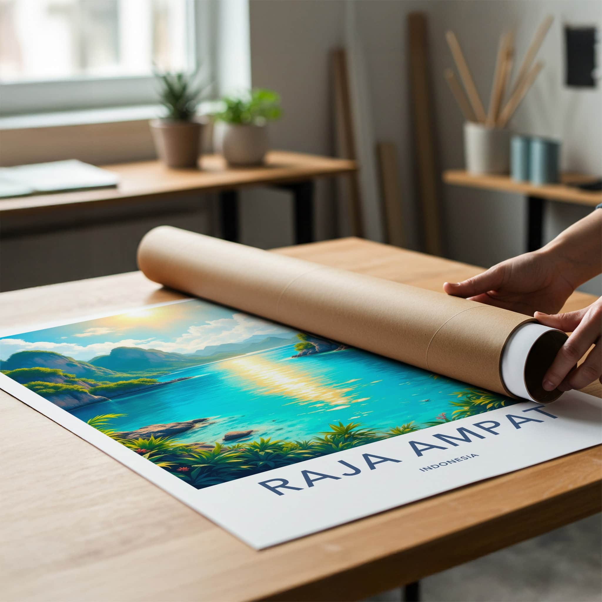 Raja Ampat Poster - Indonesia Travel Art - Sunny Ocean Cliffs Home Decor
