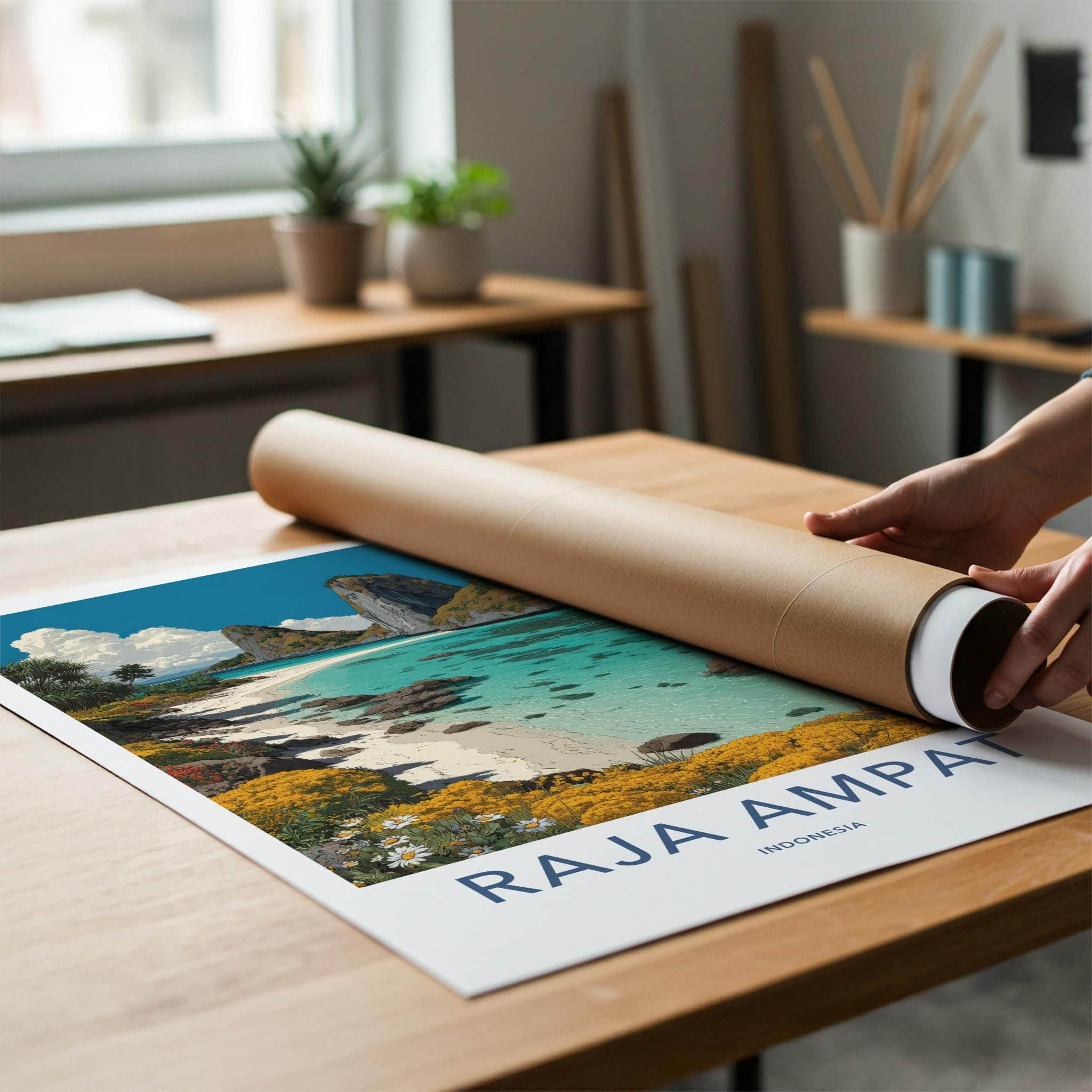 Raja Ampat Poster - Indonesia Travel Art - Turquoise Beach Islands Home Decor