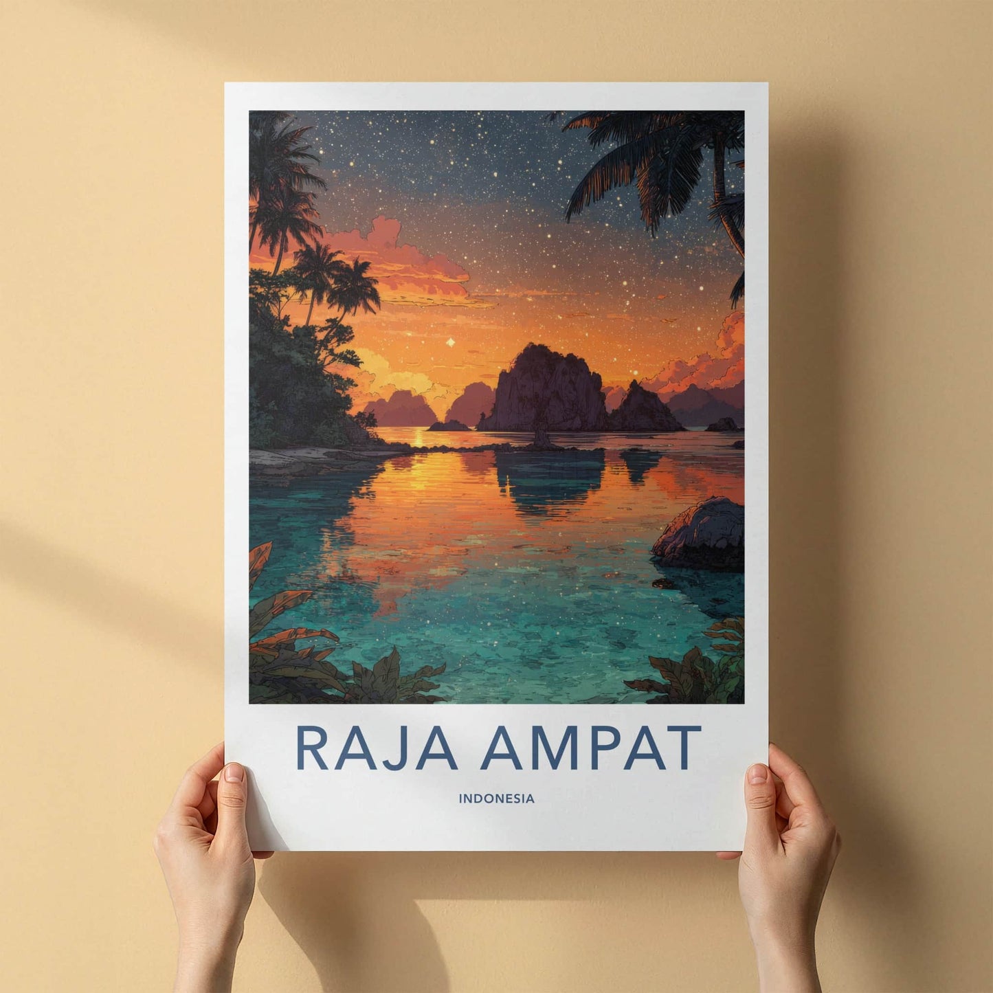 Raja Ampat Poster - Indonesia Travel Print - Sunset Sky Palm Wall Decor