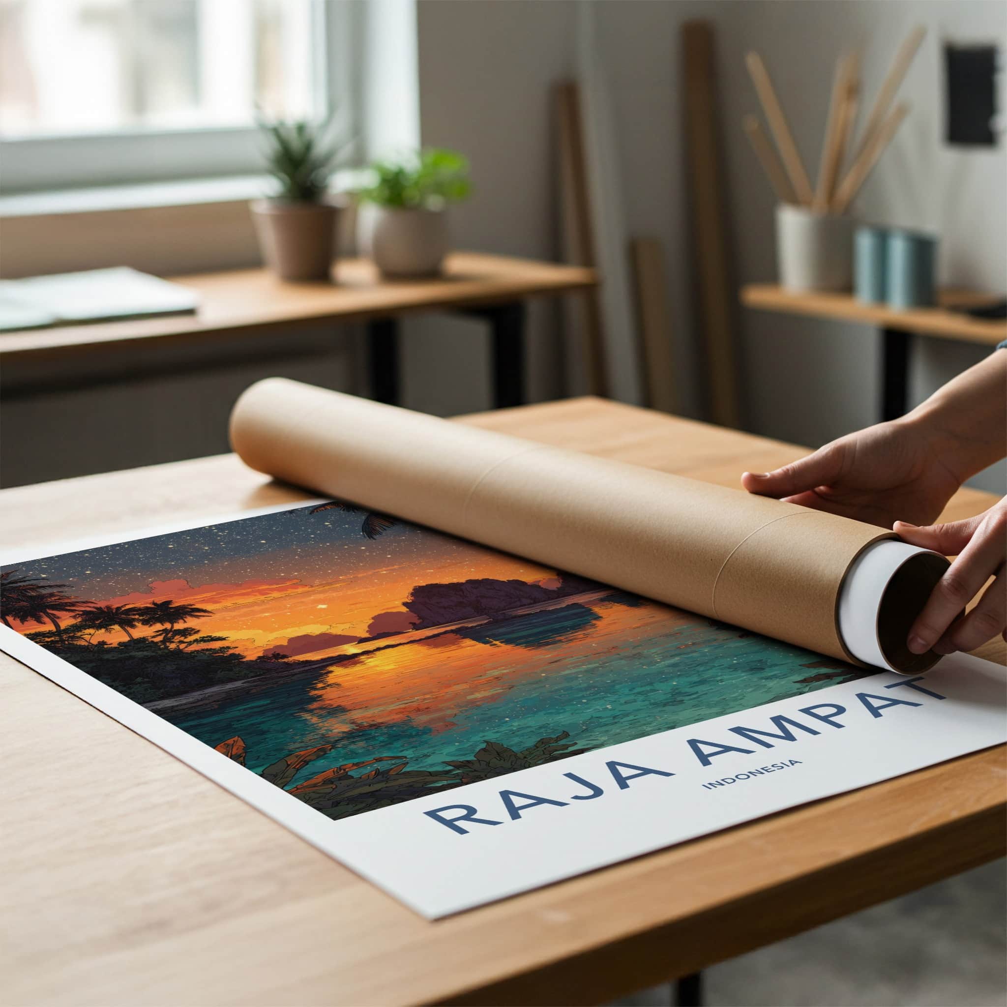 Raja Ampat Poster - Indonesia Travel Print - Sunset Sky Palm Wall Decor
