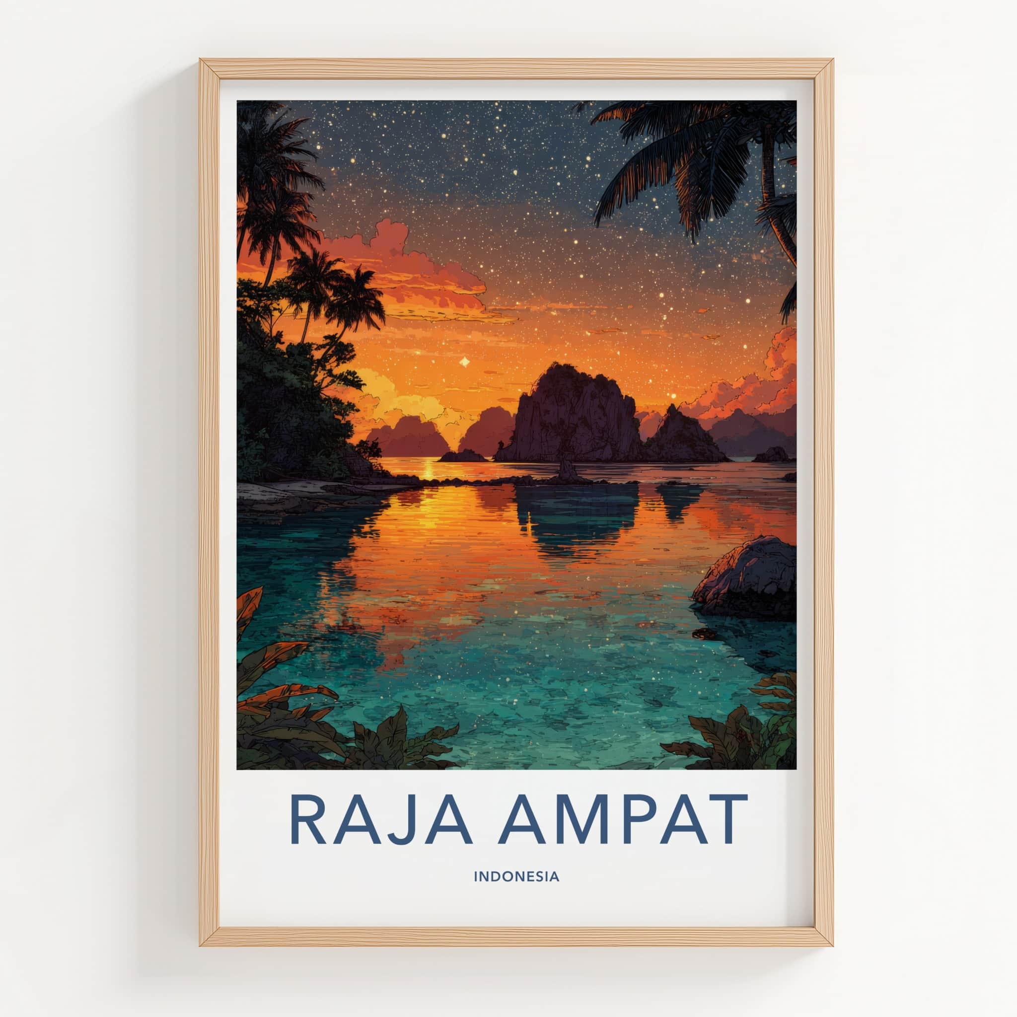 Raja Ampat Poster - Indonesia Travel Print - Sunset Sky Palm Wall Decor
