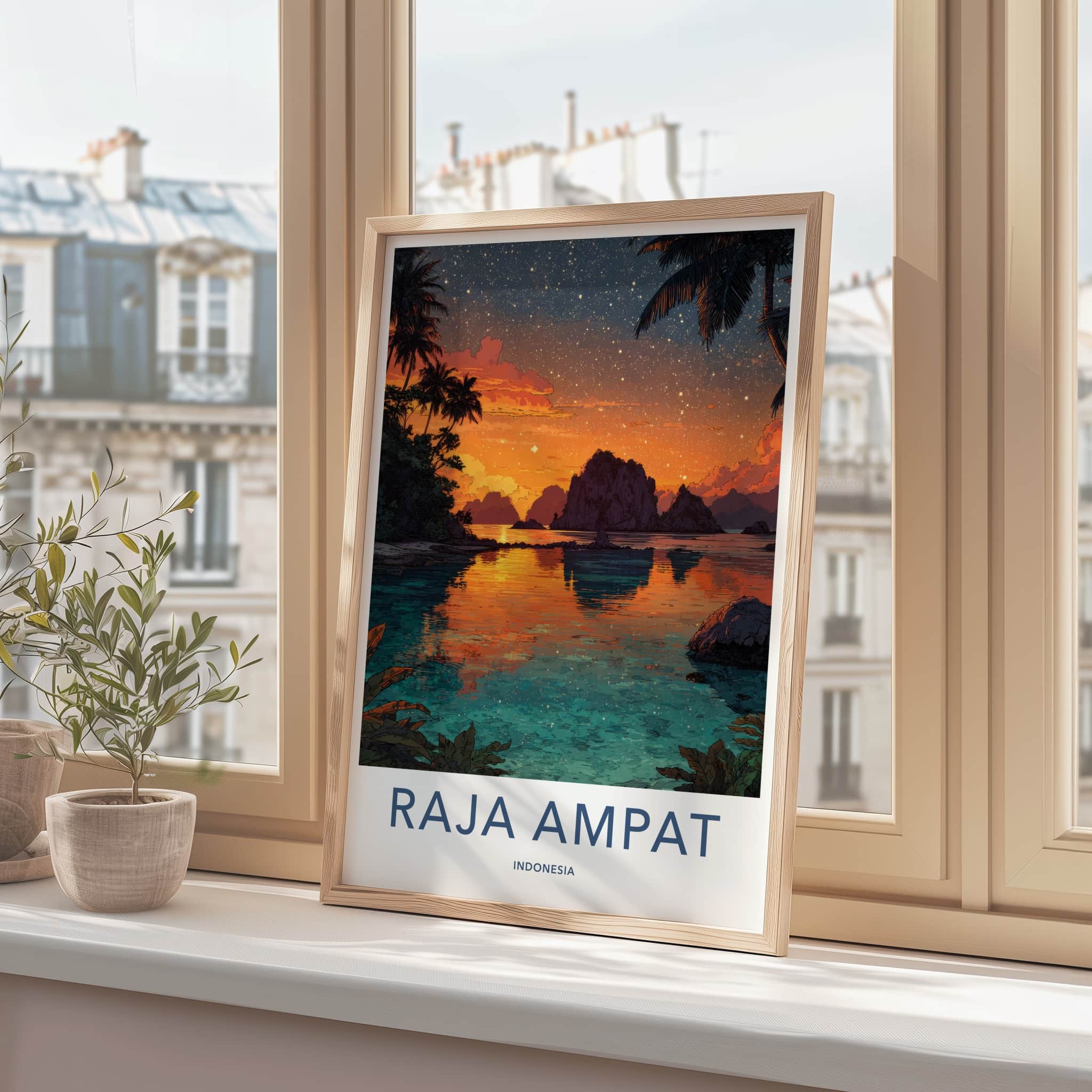 Raja Ampat Poster - Indonesia Travel Print - Sunset Sky Palm Wall Decor