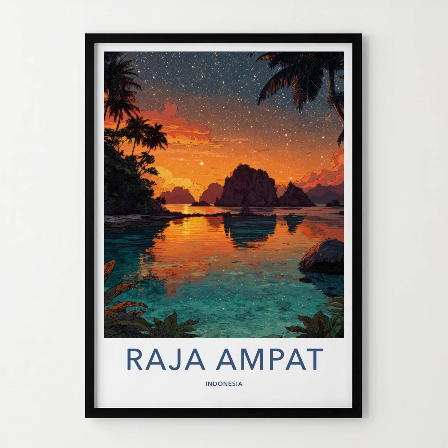 Raja Ampat Poster - Indonesia Travel Print - Sunset Sky Palm Wall Decor