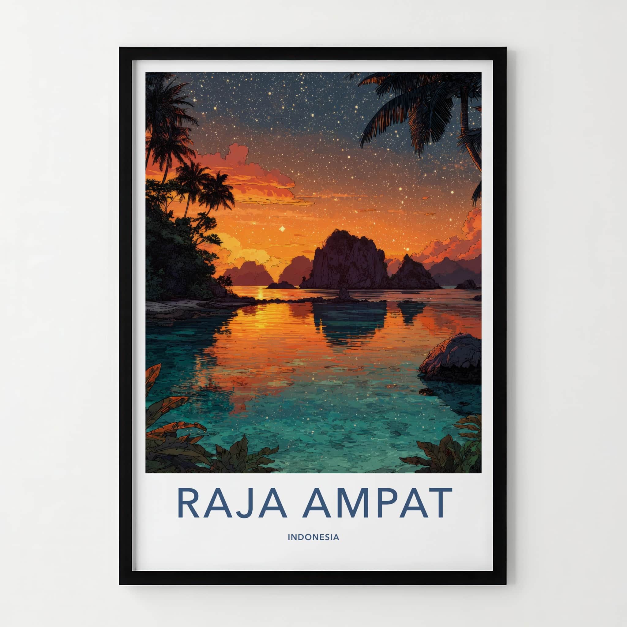 Raja Ampat Poster - Indonesia Travel Print - Sunset Sky Palm Wall Decor