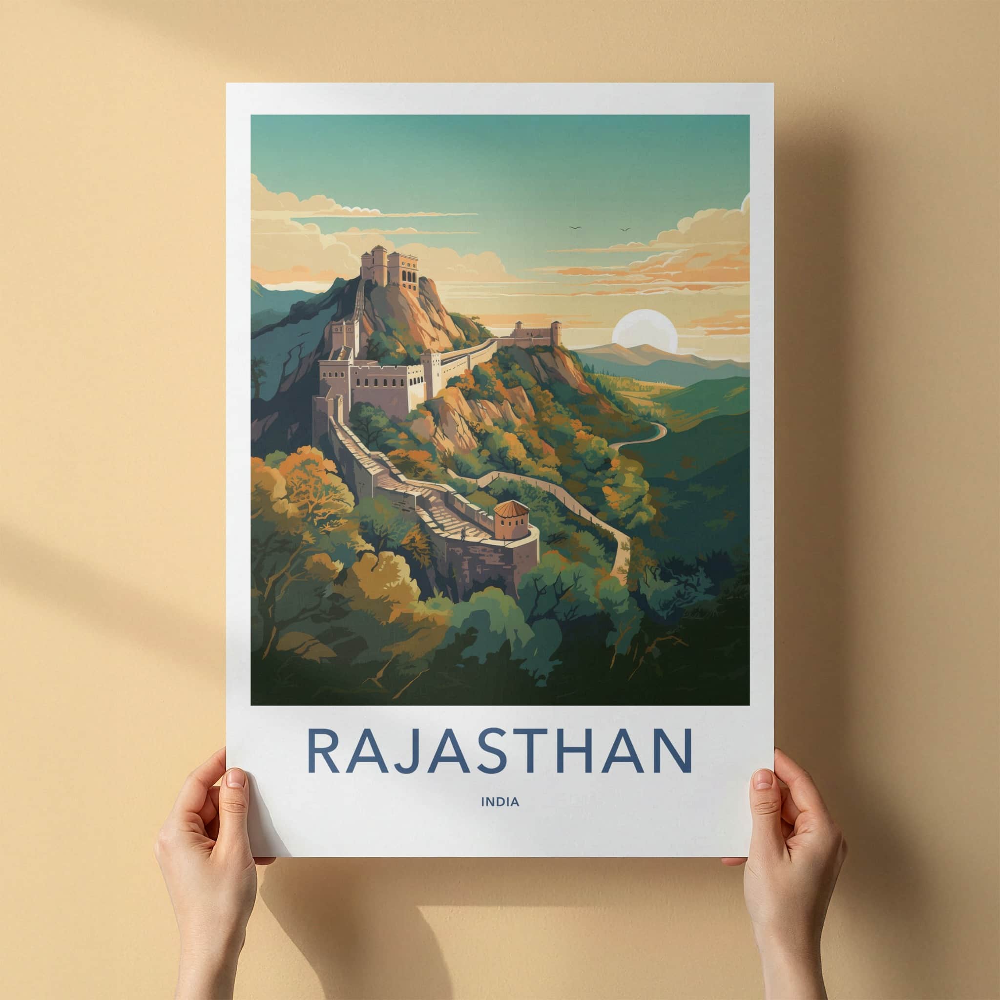 Rajasthan Poster - India Travel Art - Rajasthan Fortress Sunset Home Decor