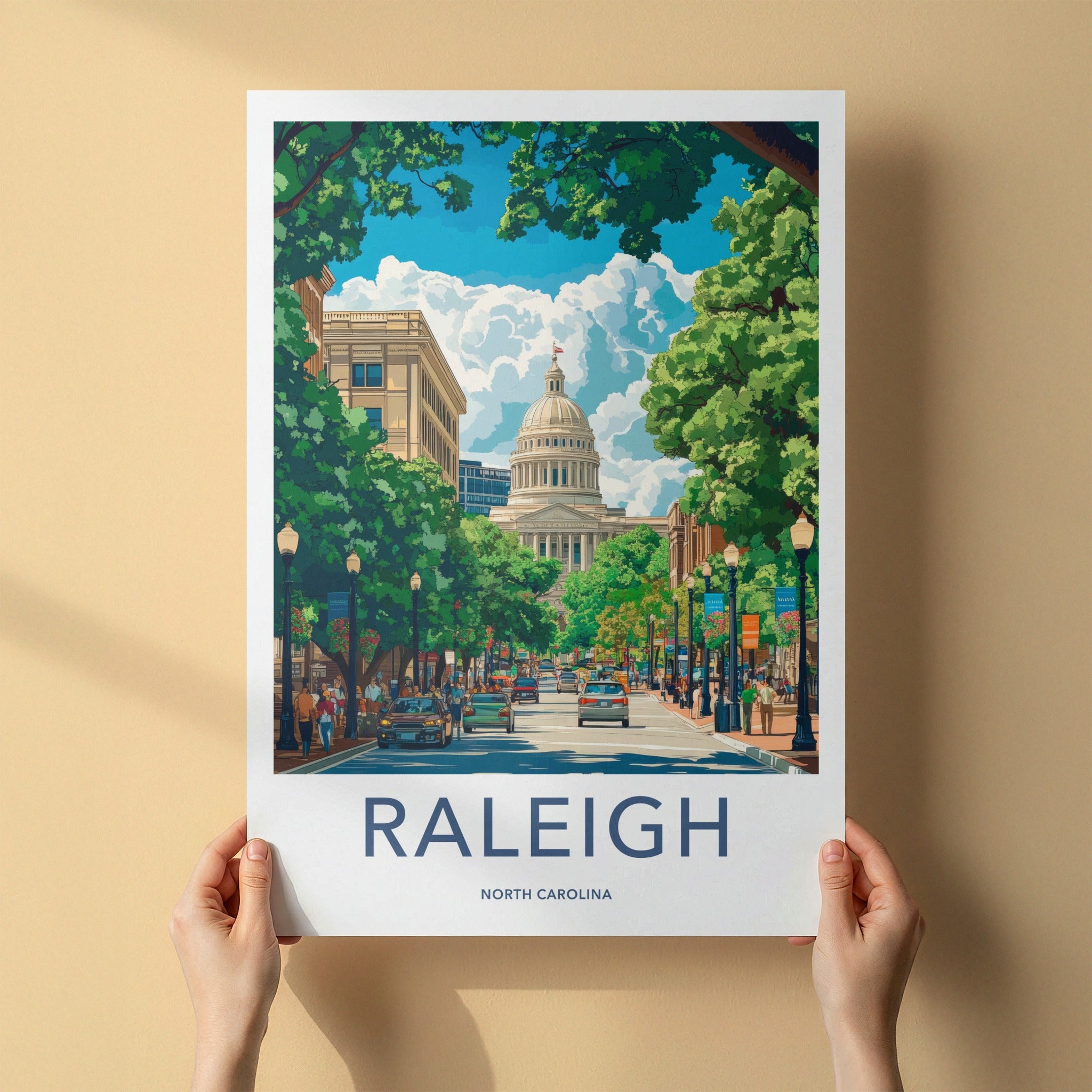 Raleigh Poster - North Carolina Art Print - Bustling Capitol Street Wall Decor