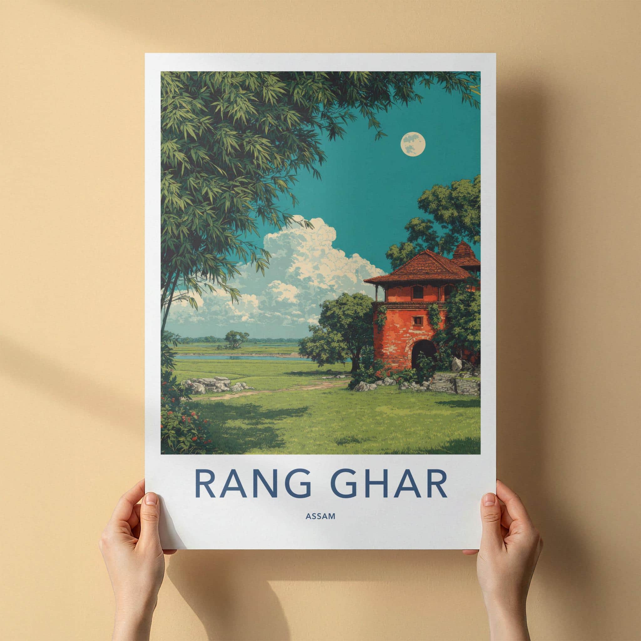 Rang Ghar Poster - India Travel Art - Assam Red Building Landscape Home Decor