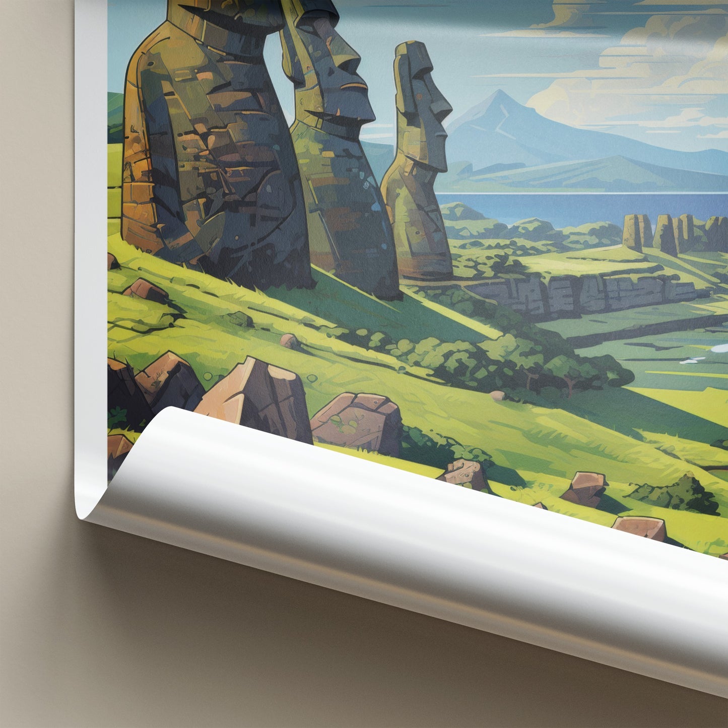 Rapa Nui Poster - Chile Travel Art - Moai Hillside View Home Decor