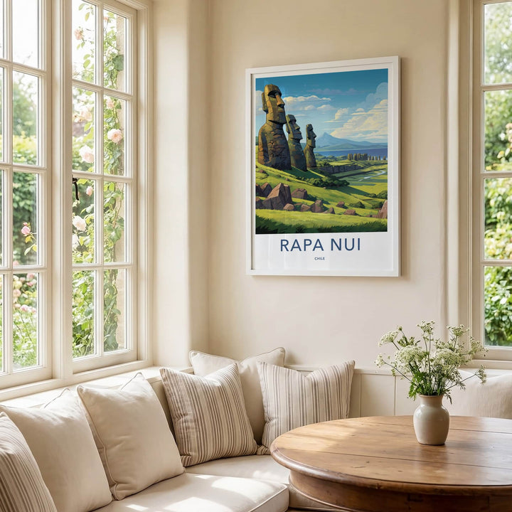 Rapa Nui Poster - Chile Travel Art - Moai Hillside View Home Decor