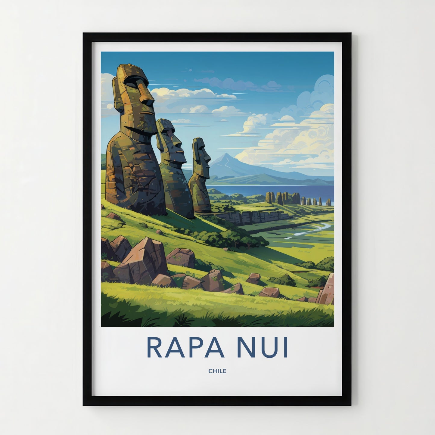 Rapa Nui Poster - Chile Travel Art - Moai Hillside View Home Decor