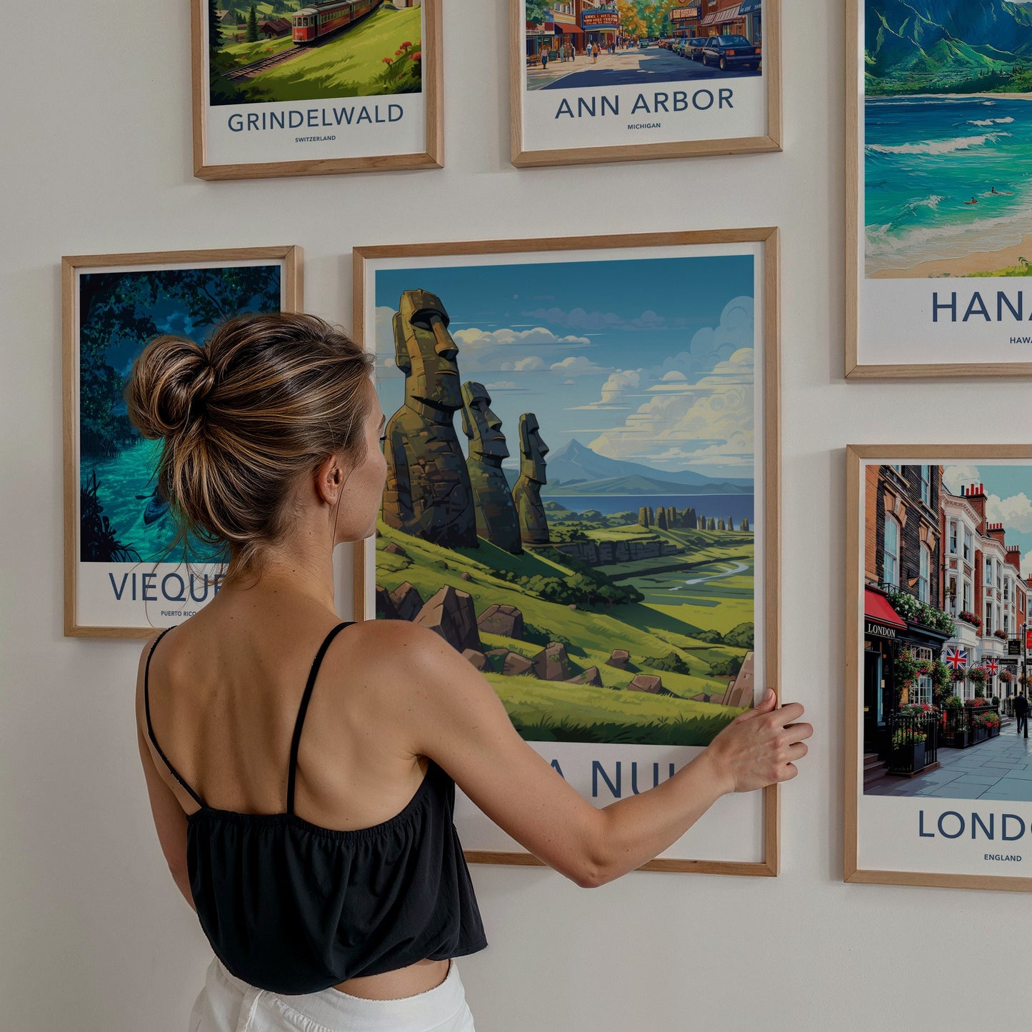 Rapa Nui Poster - Chile Travel Art - Moai Hillside View Home Decor