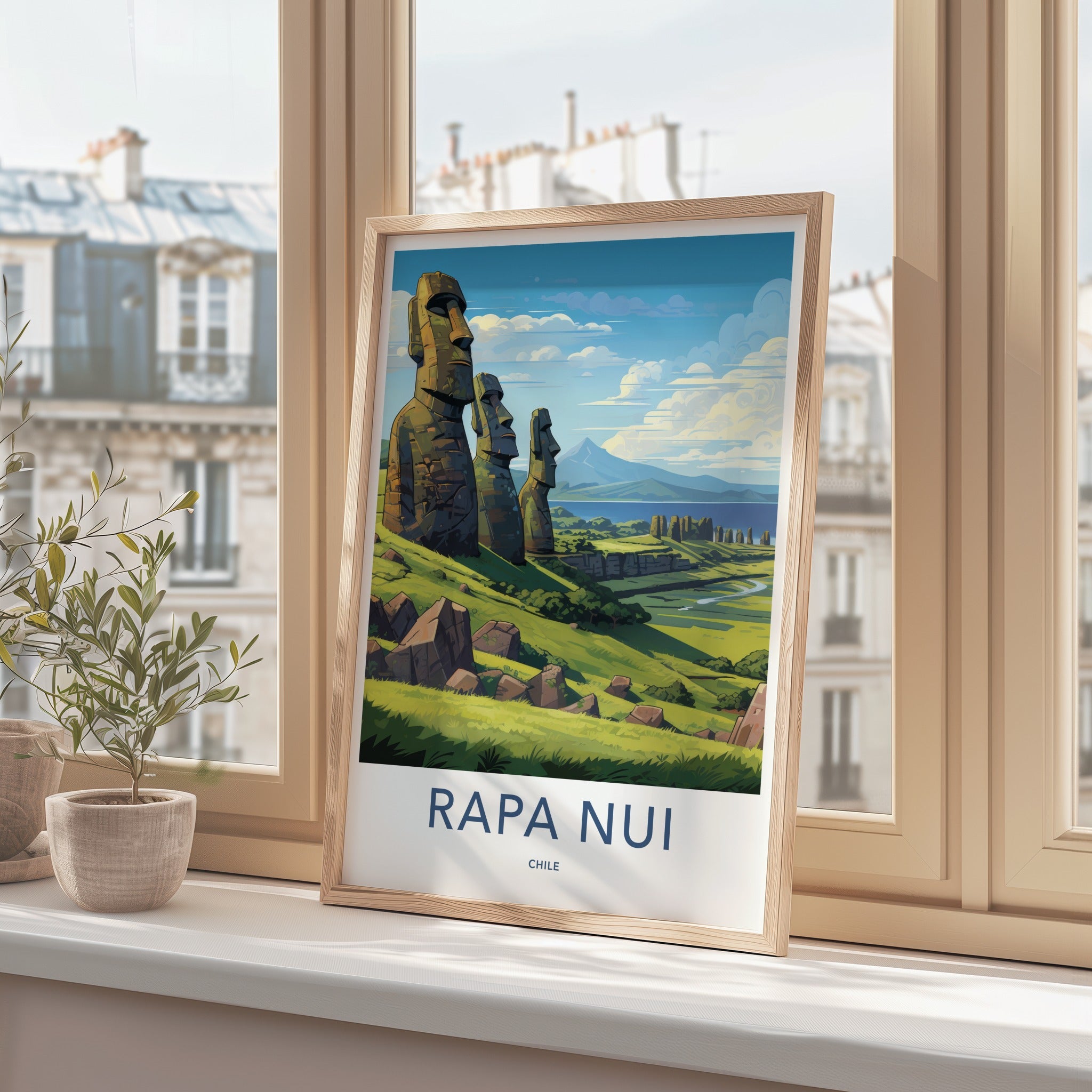 Rapa Nui Poster - Chile Travel Art - Moai Hillside View Home Decor