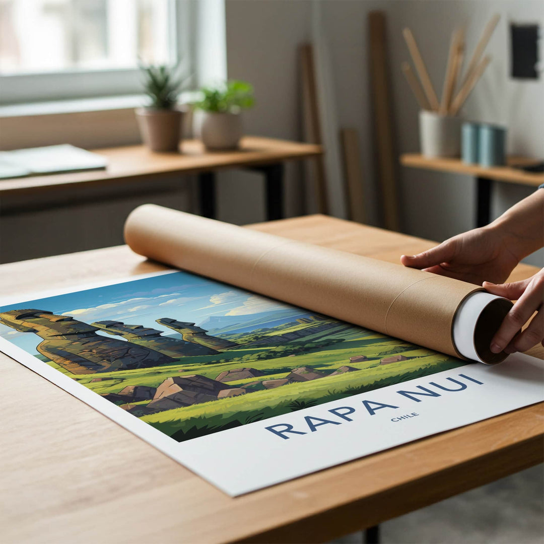 Rapa Nui Poster - Chile Travel Art - Moai Hillside View Home Decor