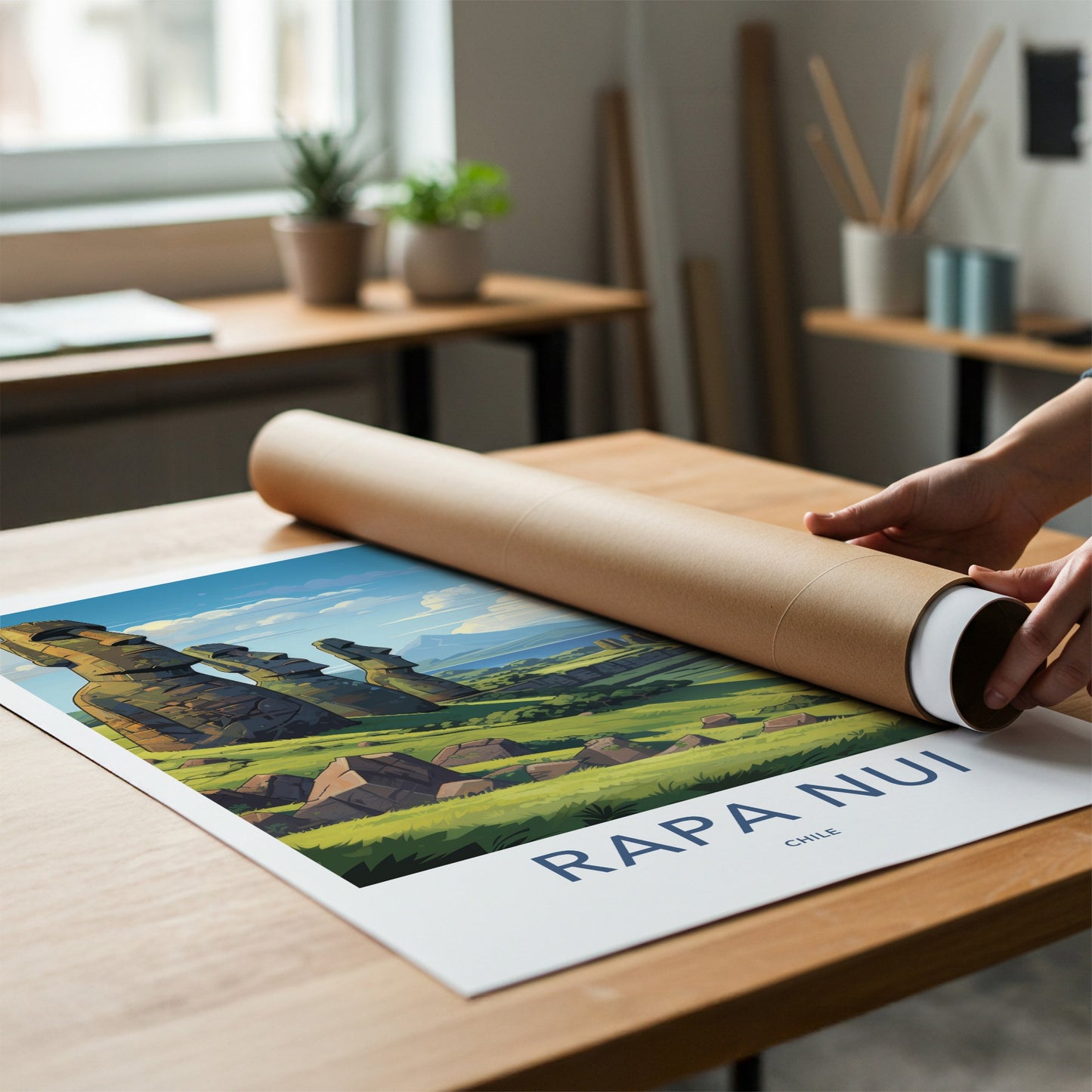 Rapa Nui Poster - Chile Travel Art - Moai Hillside View Home Decor