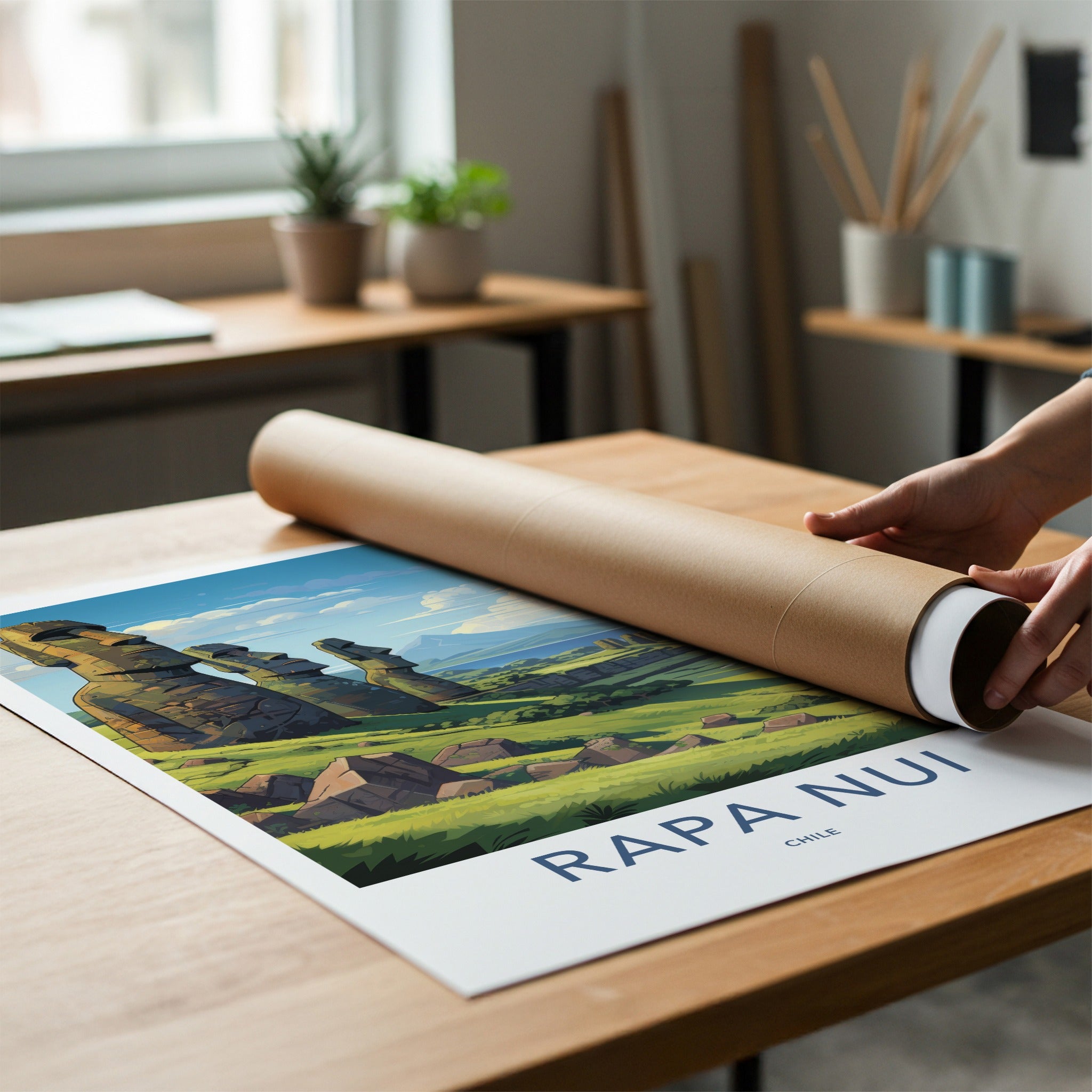 Rapa Nui Poster - Chile Travel Art - Moai Hillside View Home Decor