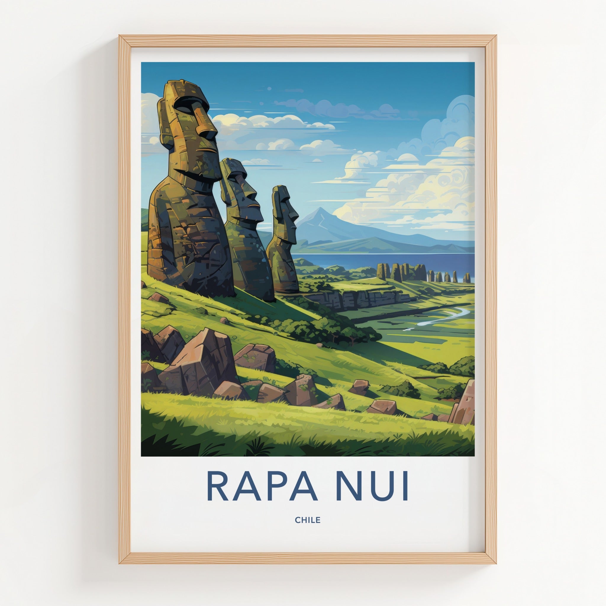 Rapa Nui Poster - Chile Travel Art - Moai Hillside View Home Decor
