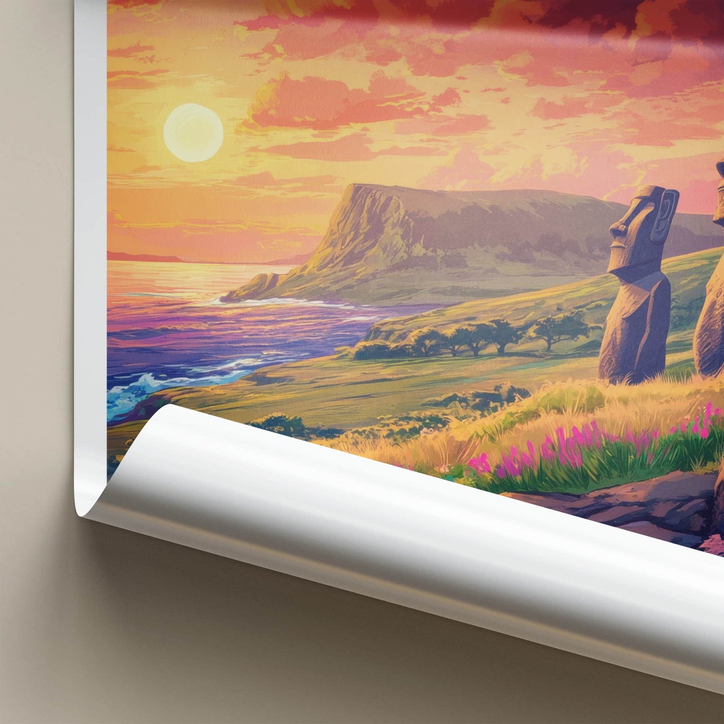Rapa Nui Poster - Chile Travel Art - Moai statues sunset Home Decor