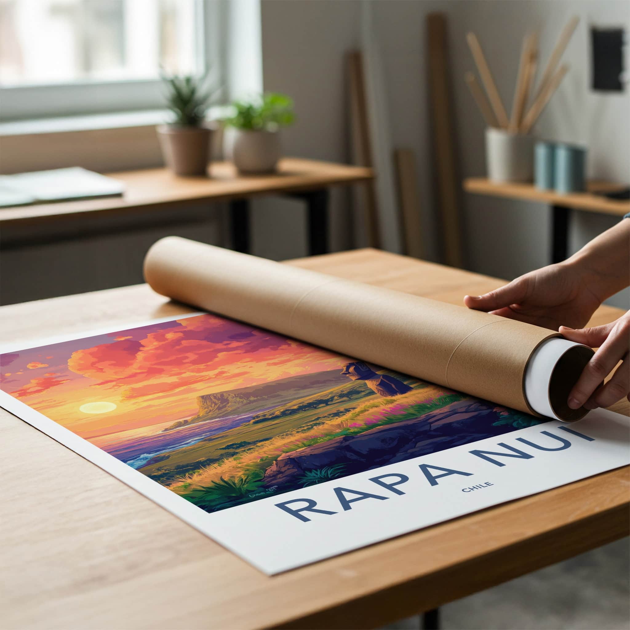 Rapa Nui Poster - Chile Travel Art - Moai statues sunset Home Decor