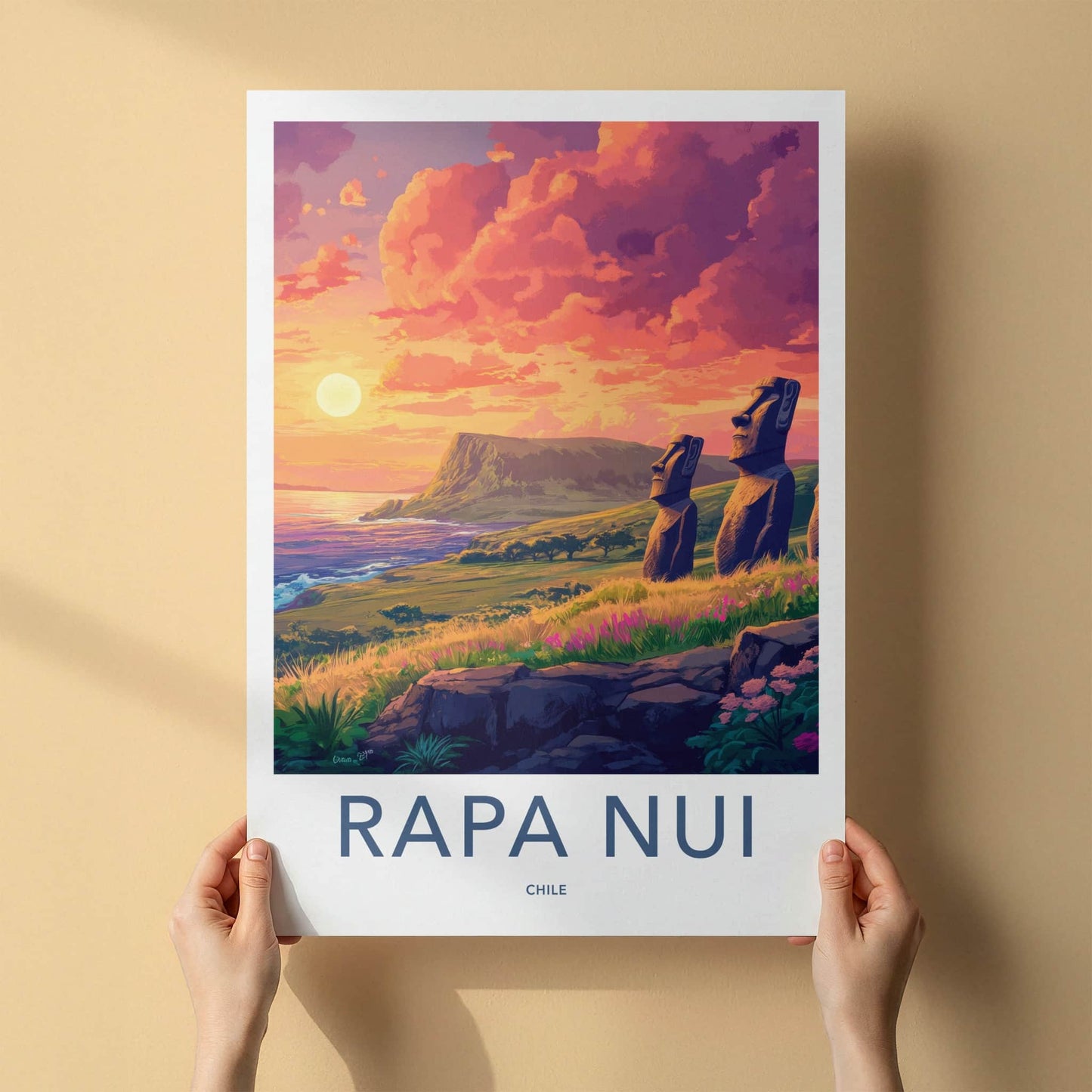 Rapa Nui Poster - Chile Travel Art - Moai statues sunset Home Decor
