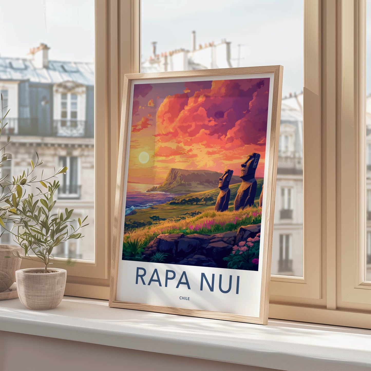 Rapa Nui Poster - Chile Travel Art - Moai statues sunset Home Decor