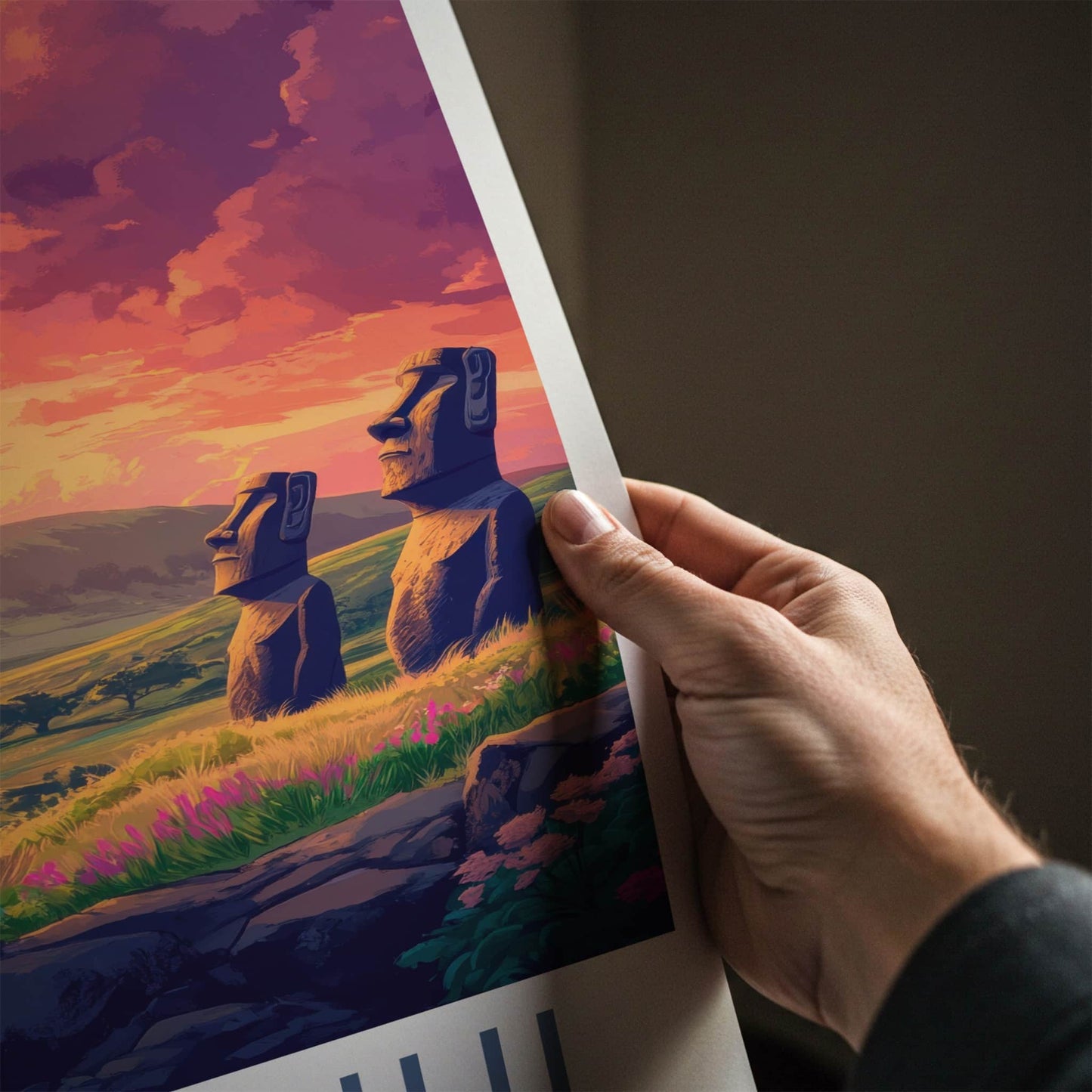 Rapa Nui Poster - Chile Travel Art - Moai statues sunset Home Decor