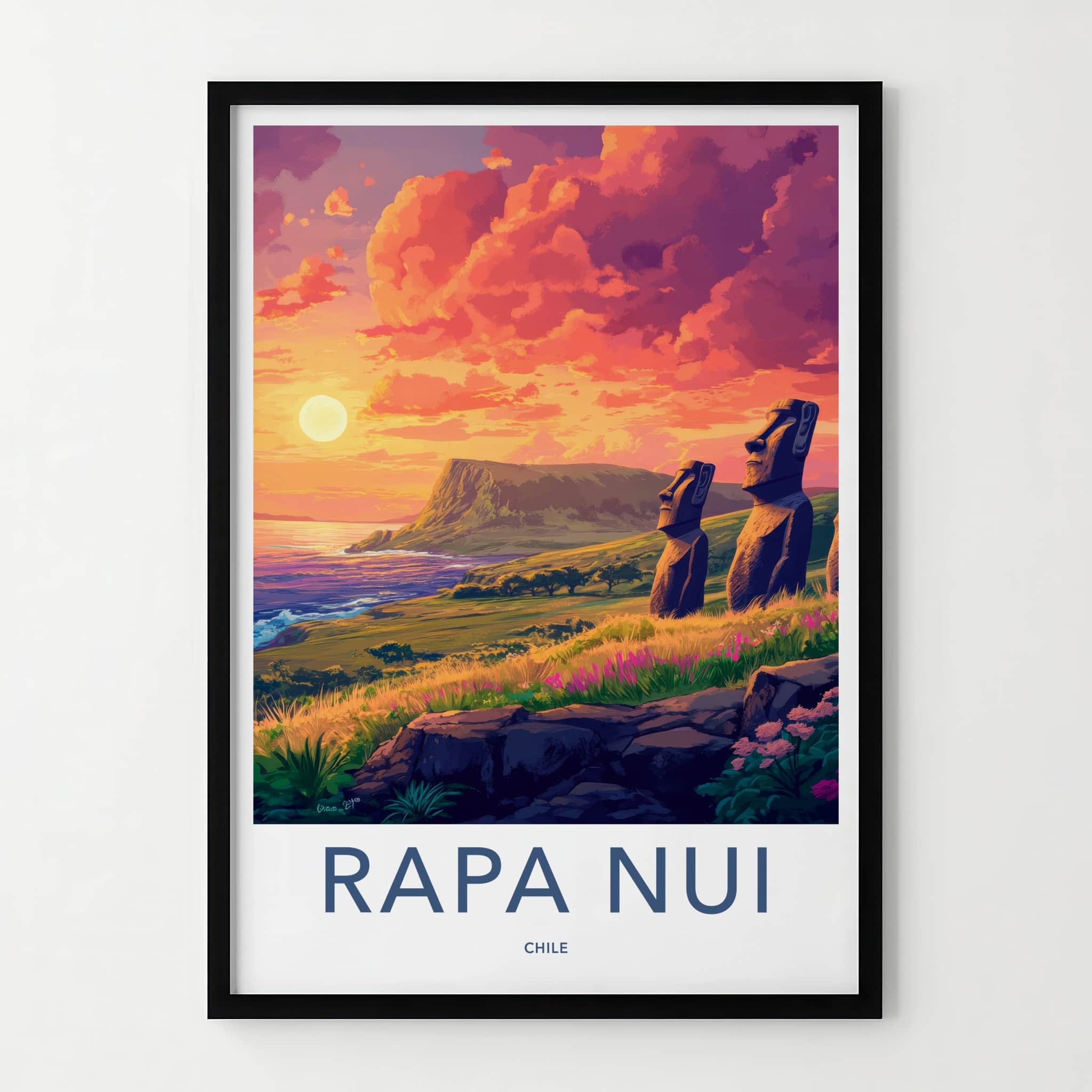 Rapa Nui Poster - Chile Travel Art - Moai statues sunset Home Decor
