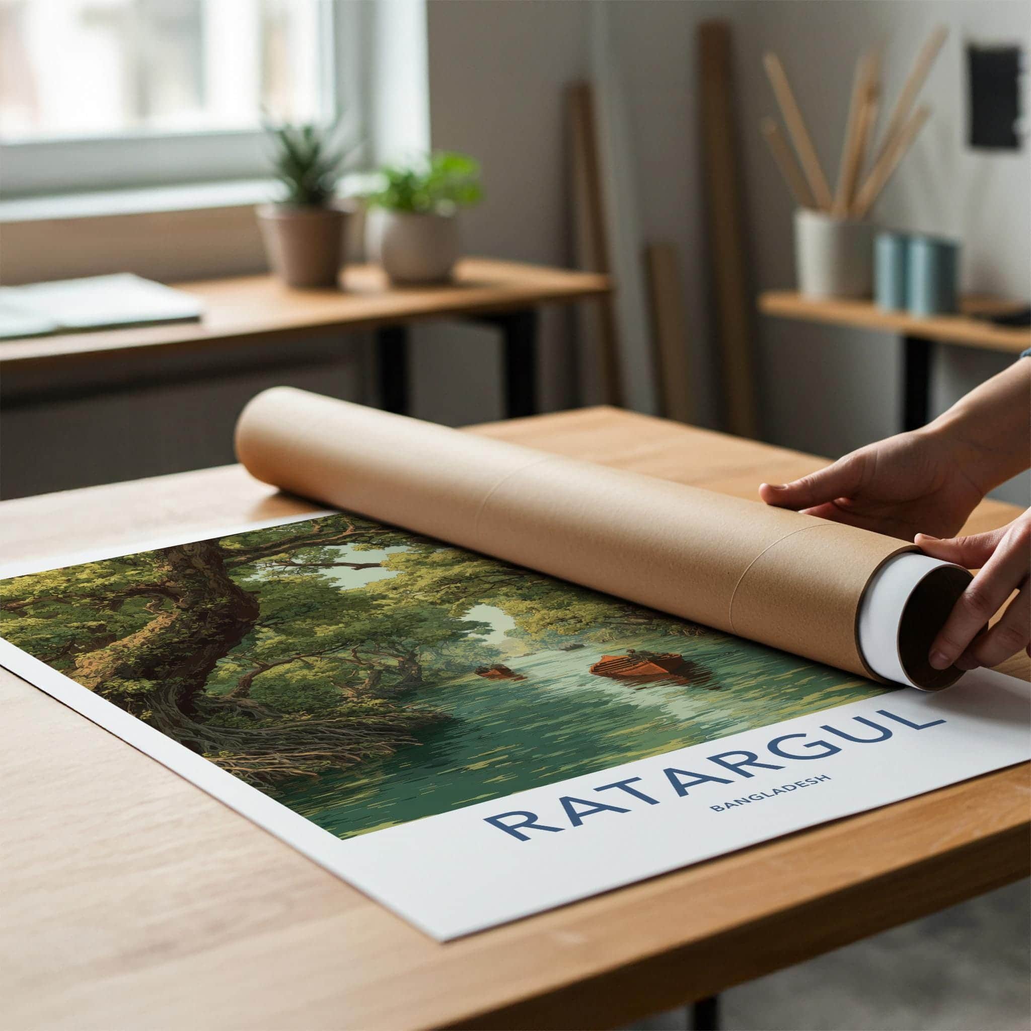 Ratargul Poster - Bangladesh Travel Art - Boats Mangrove Forest Home Decor
