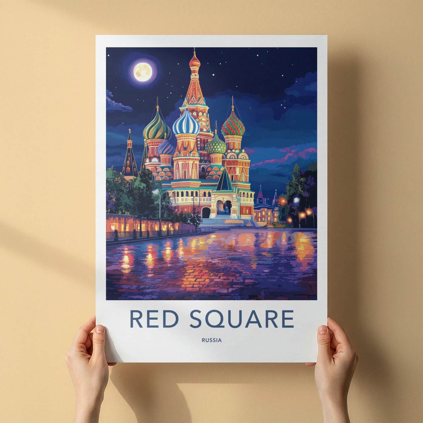 Red Square Poster - Russia Travel Art - Moonlit cathedral reflections Home Decor