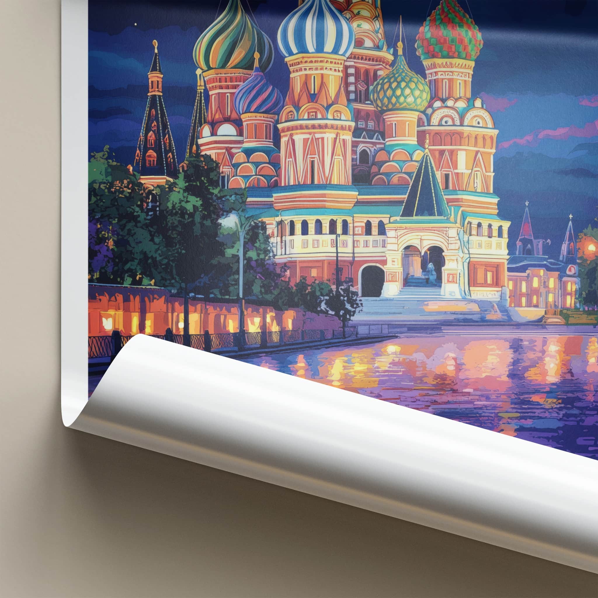Red Square Poster - Russia Travel Art - Moonlit cathedral reflections Home Decor