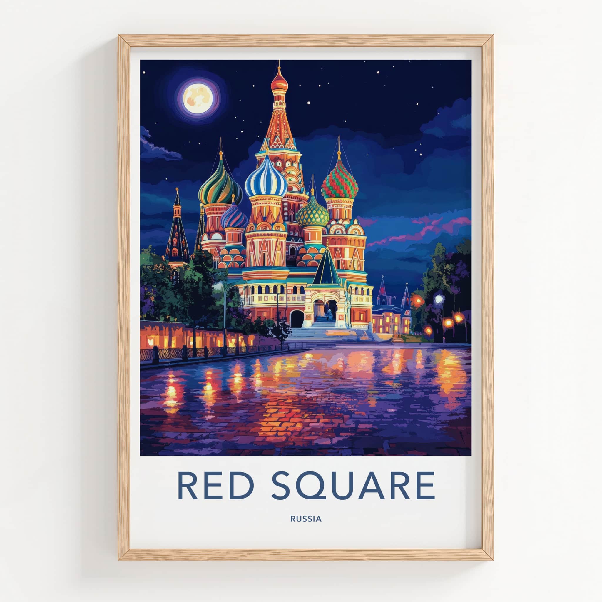 Red Square Poster - Russia Travel Art - Moonlit cathedral reflections Home Decor