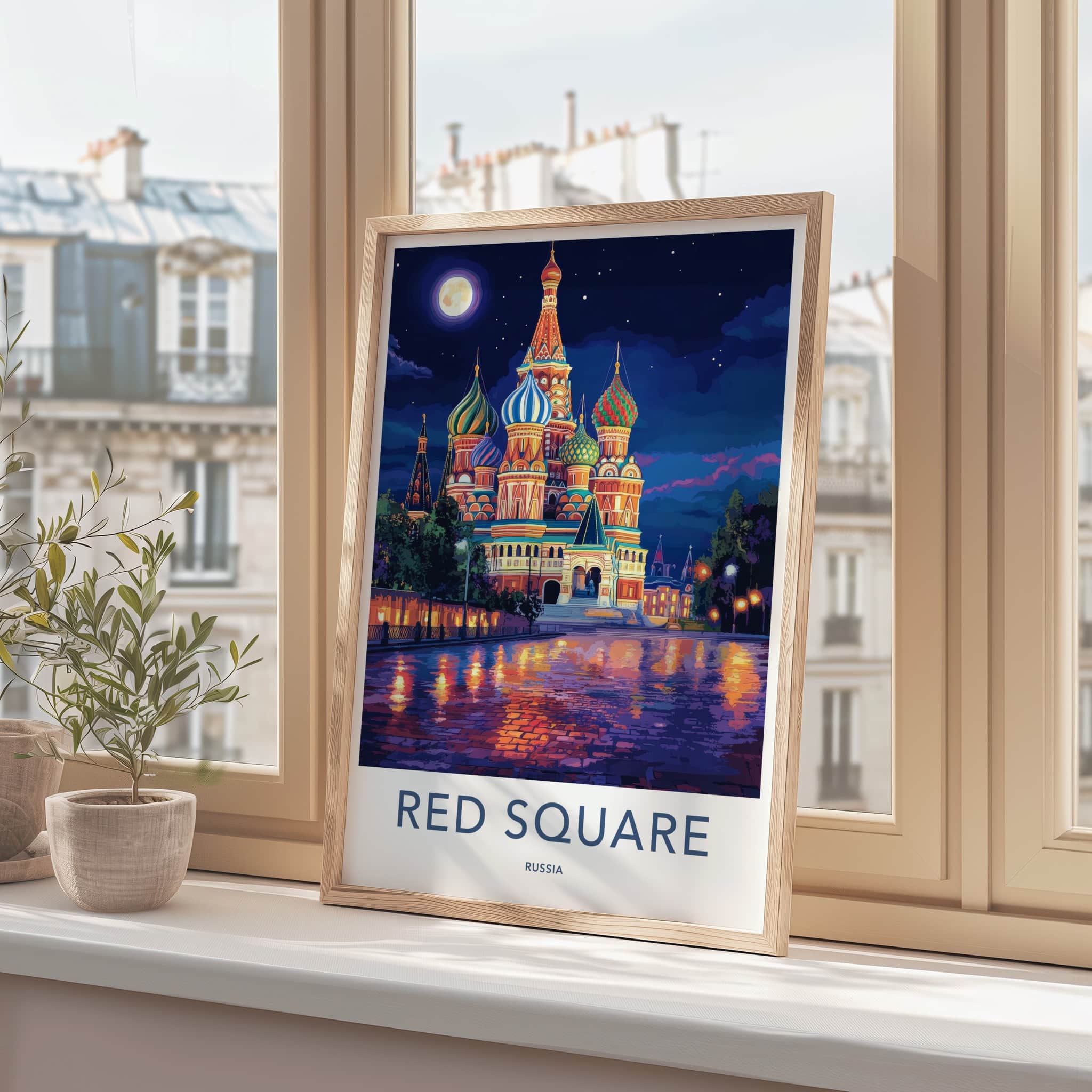 Red Square Poster - Russia Travel Art - Moonlit cathedral reflections Home Decor