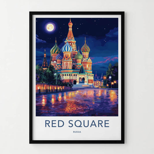 Red Square Poster - Russia Travel Art - Moonlit cathedral reflections Home Decor
