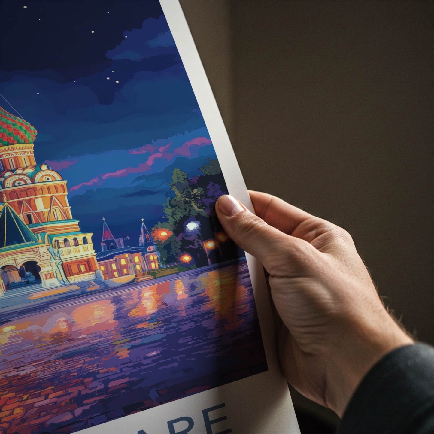 Red Square Poster - Russia Travel Art - Moonlit cathedral reflections Home Decor