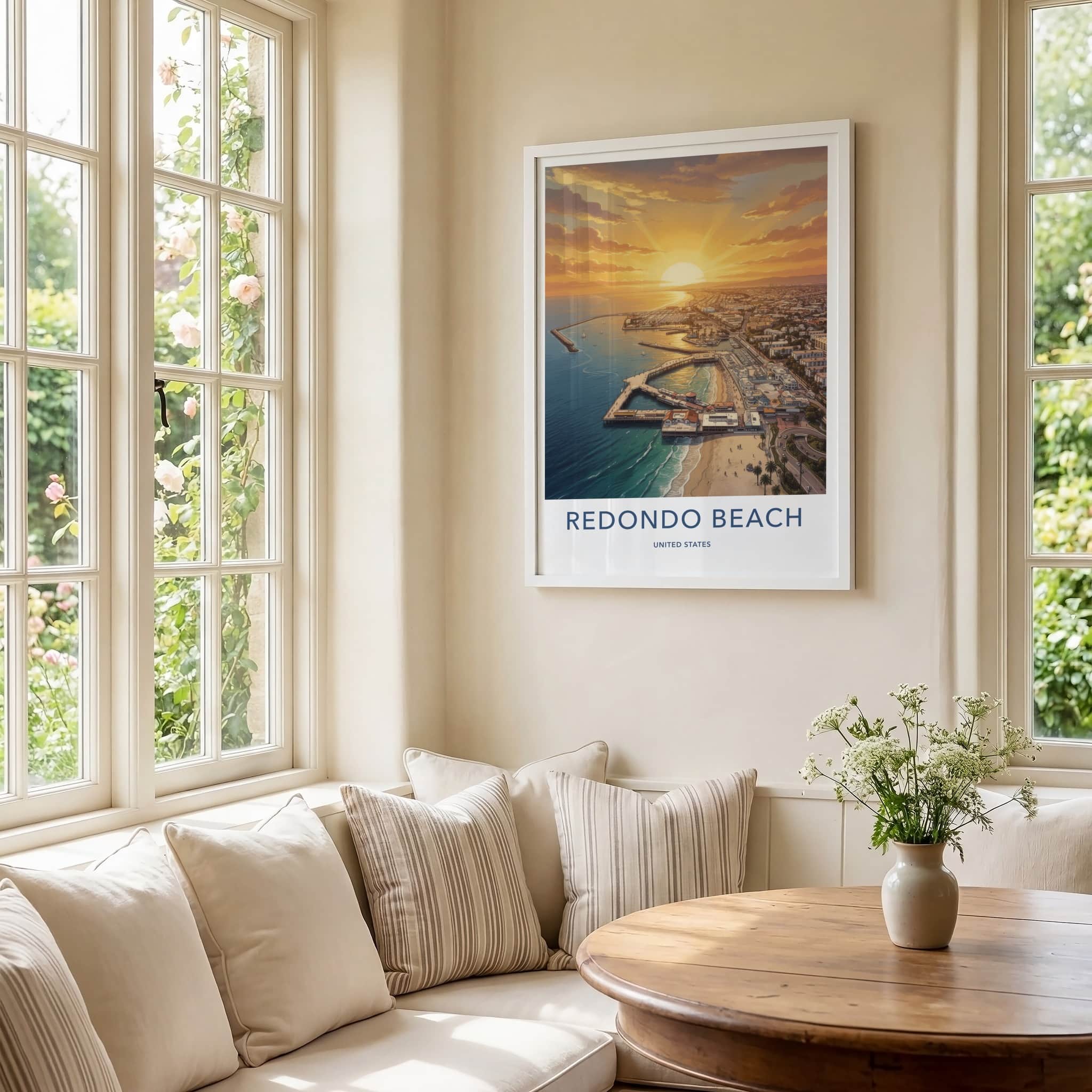 Redondo Beach Poster - California Travel Art - Golden Sunset Harbor Wall Decor