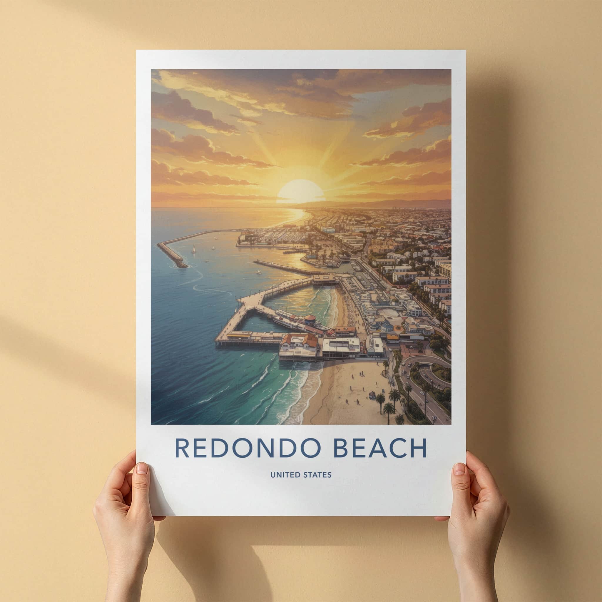 Redondo Beach Poster - California Travel Art - Golden Sunset Harbor Wall Decor